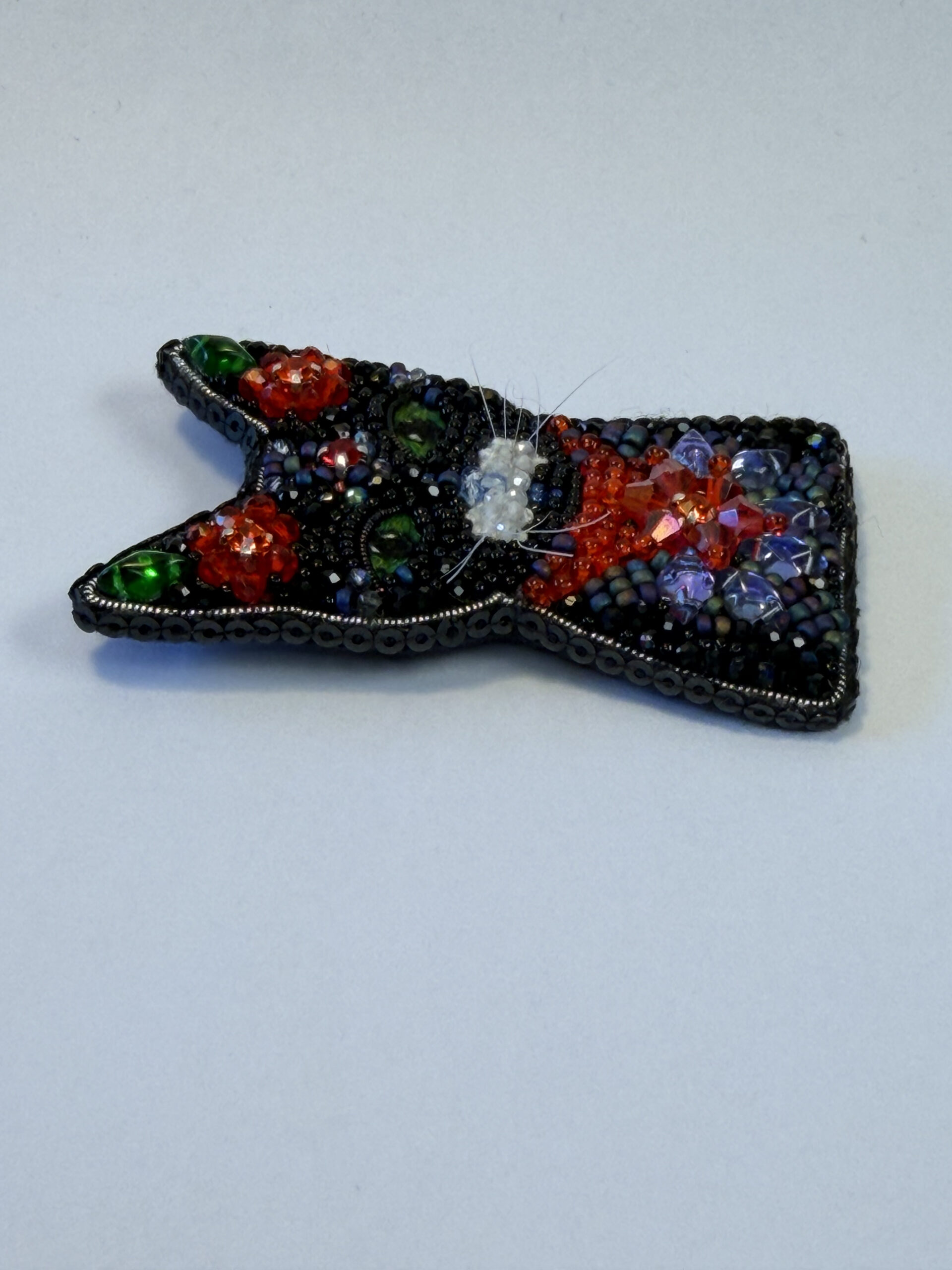 Black Cat Brooch with Red Crystal Flowers – Hand Embroidered Green Eyed Pin — view 2