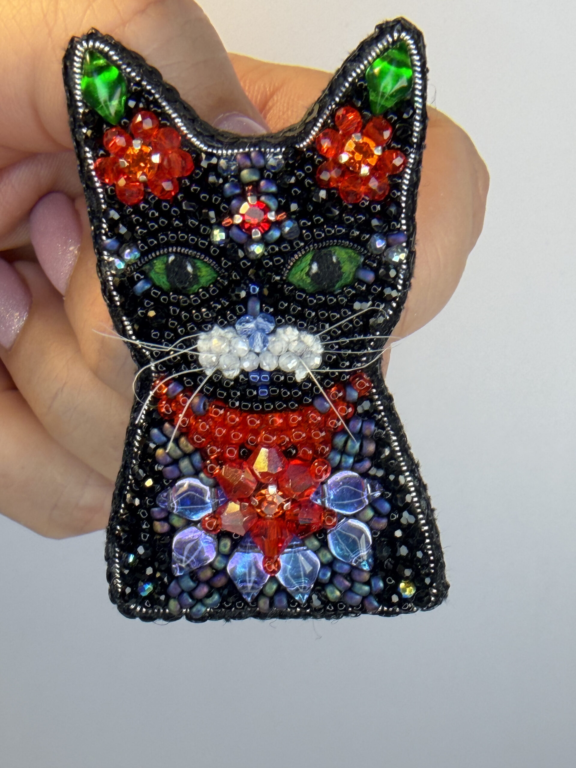 Black Cat Brooch with Red Crystal Flowers – Hand Embroidered Green Eyed Pin — view 3