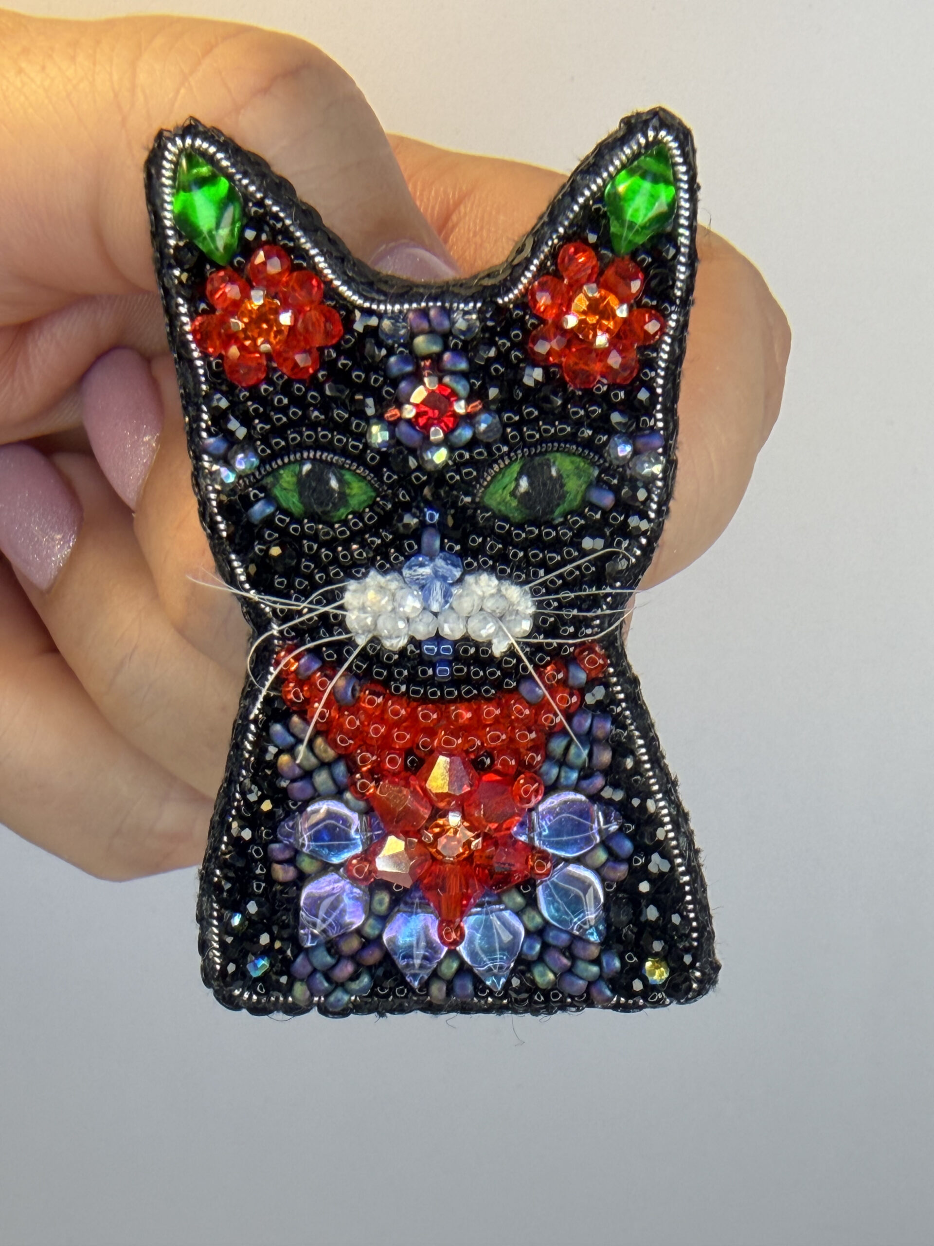 Black Cat Brooch with Red Crystal Flowers – Hand Embroidered Green Eyed Pin — view 4