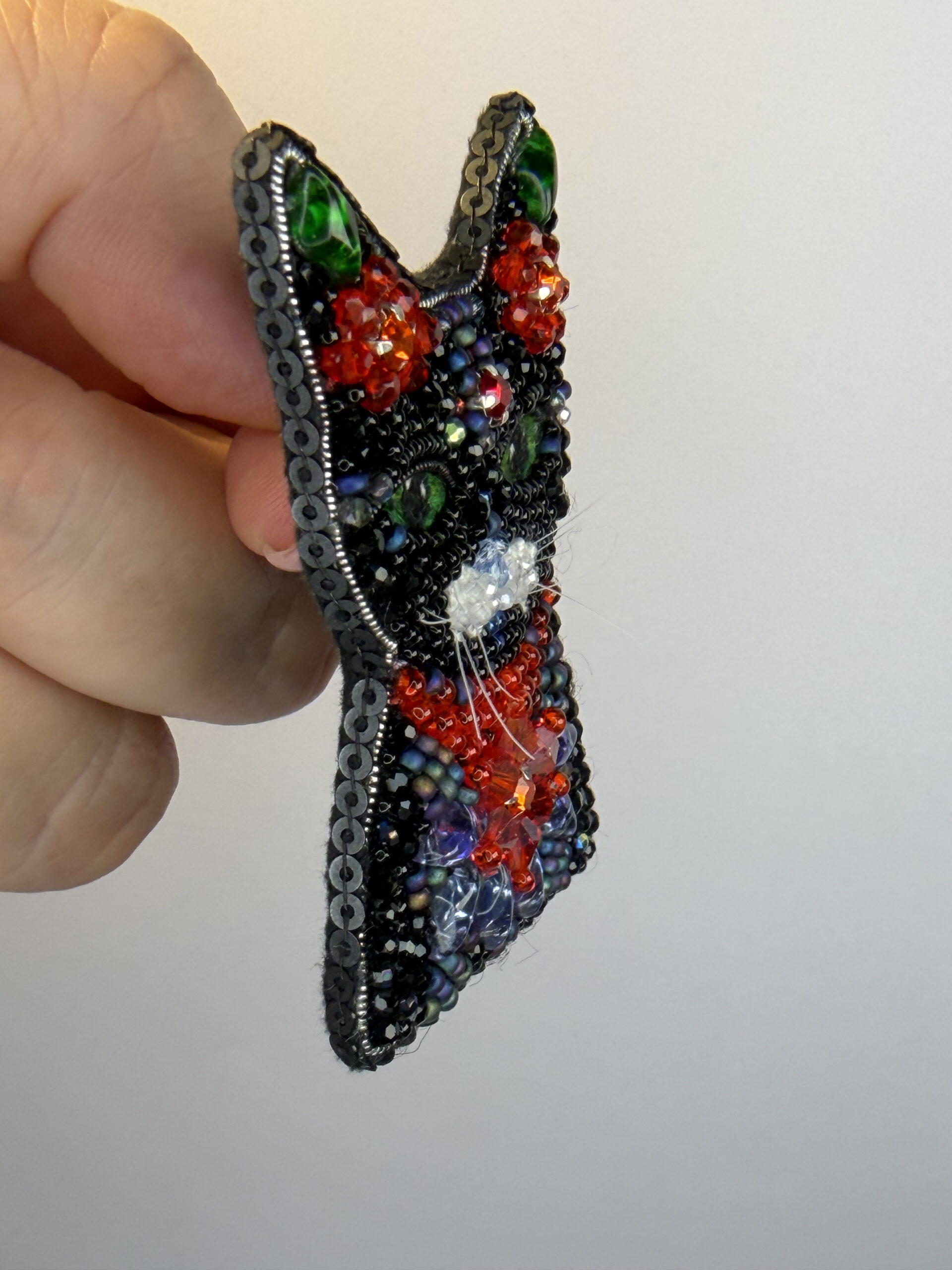 Black Cat Brooch with Red Crystal Flowers – Hand Embroidered Green Eyed Pin — view 5