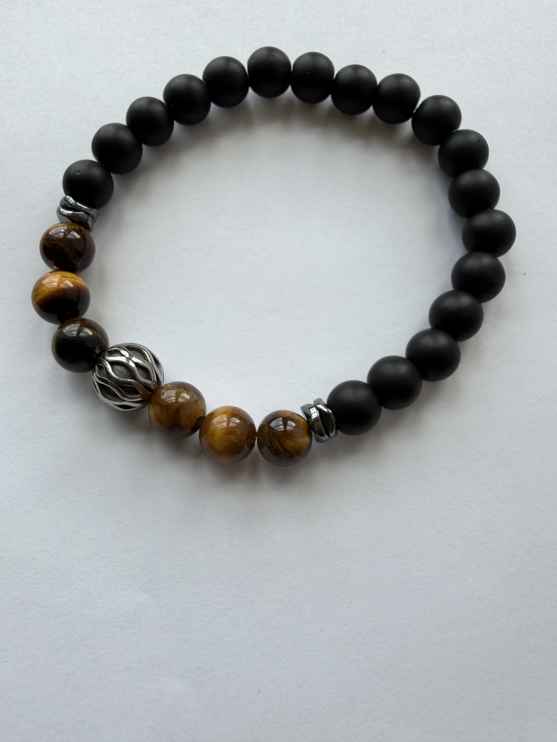 Tiger Eye and Matte Onyx Stretch Bracelet for Men, Filigree Bead, 8 mm — view 1