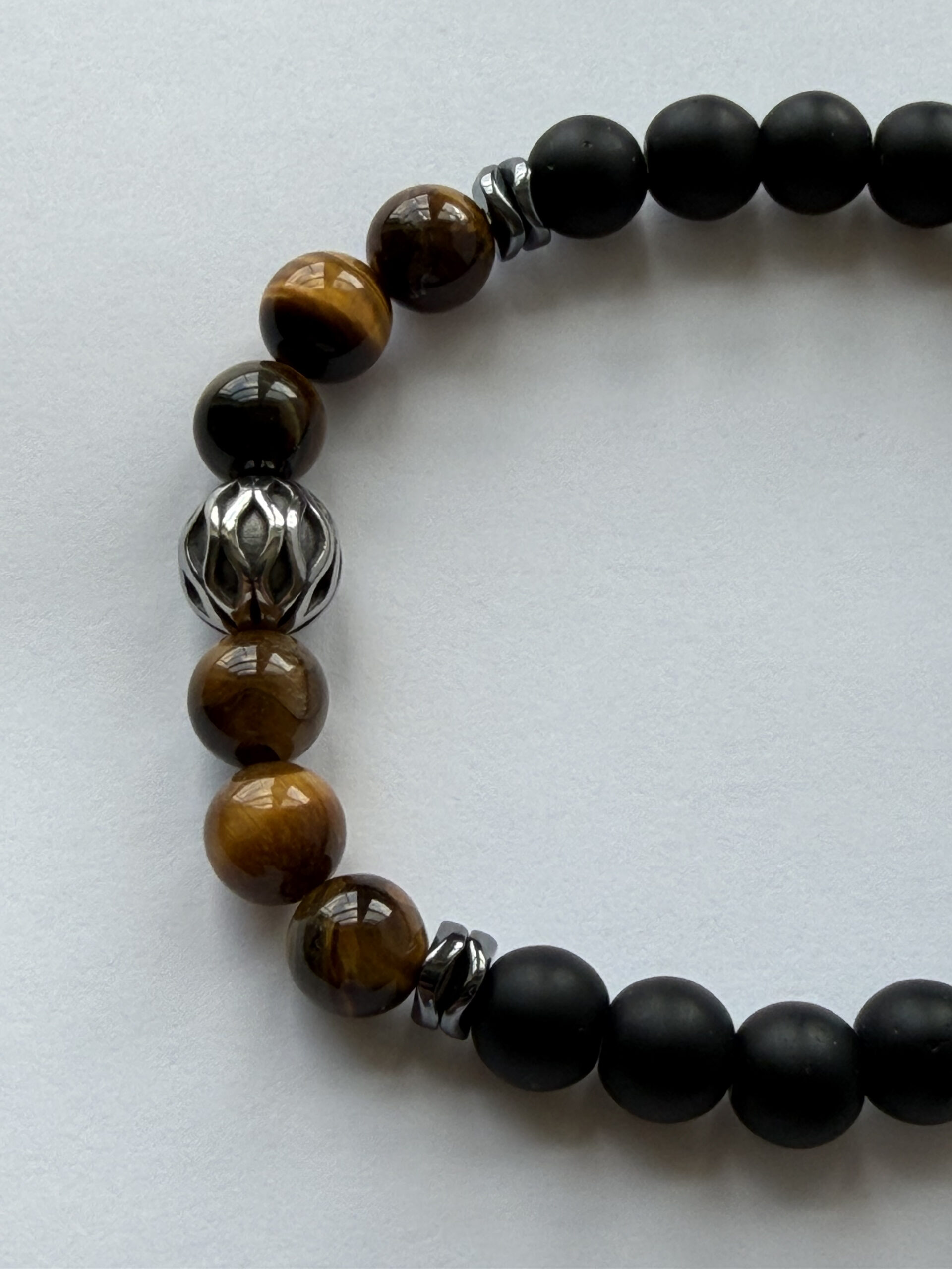 Tiger Eye and Matte Onyx Stretch Bracelet for Men, Filigree Bead, 8 mm — view 2