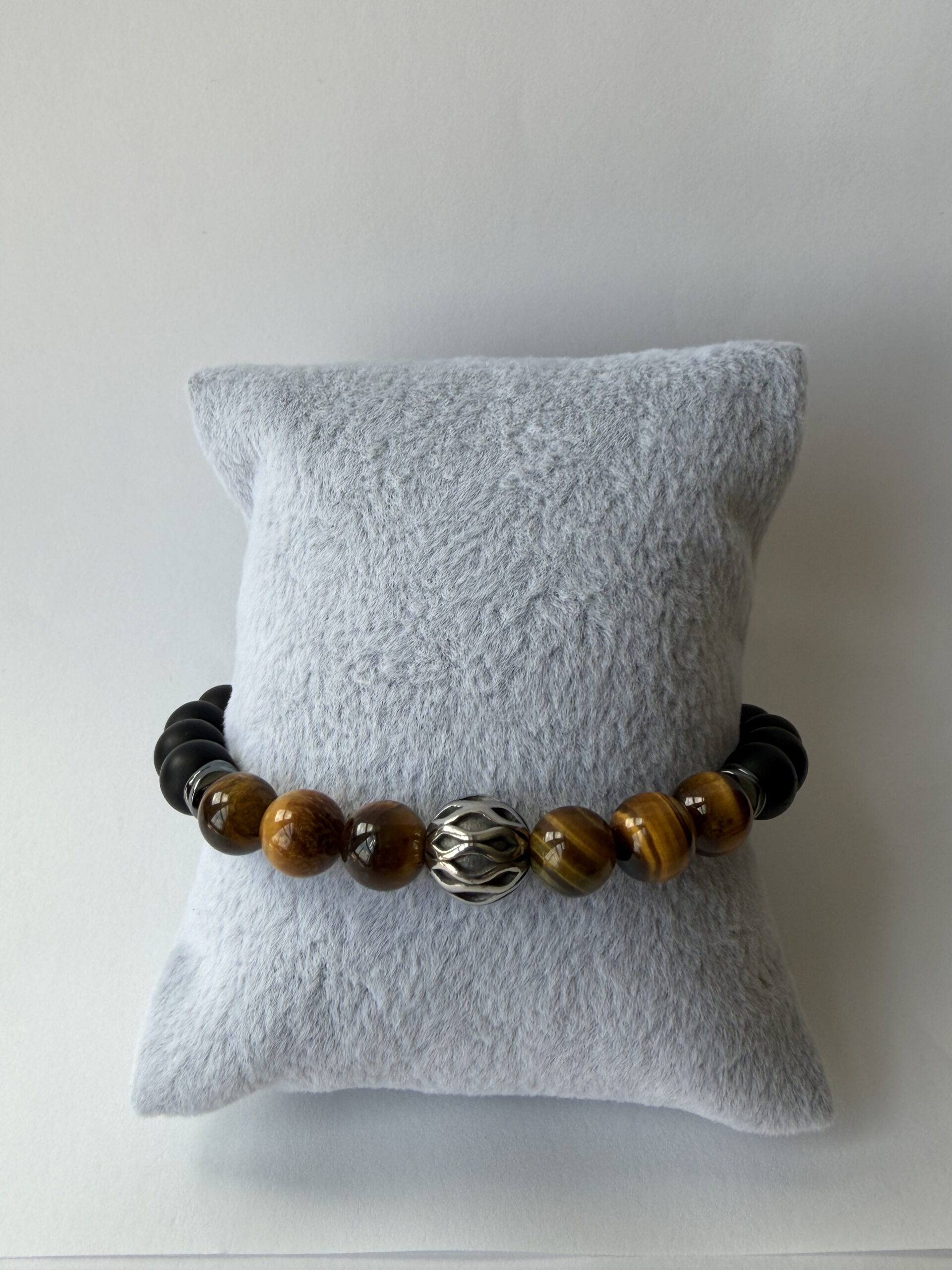 Tiger Eye and Matte Onyx Stretch Bracelet for Men, Filigree Bead, 8 mm — view 3