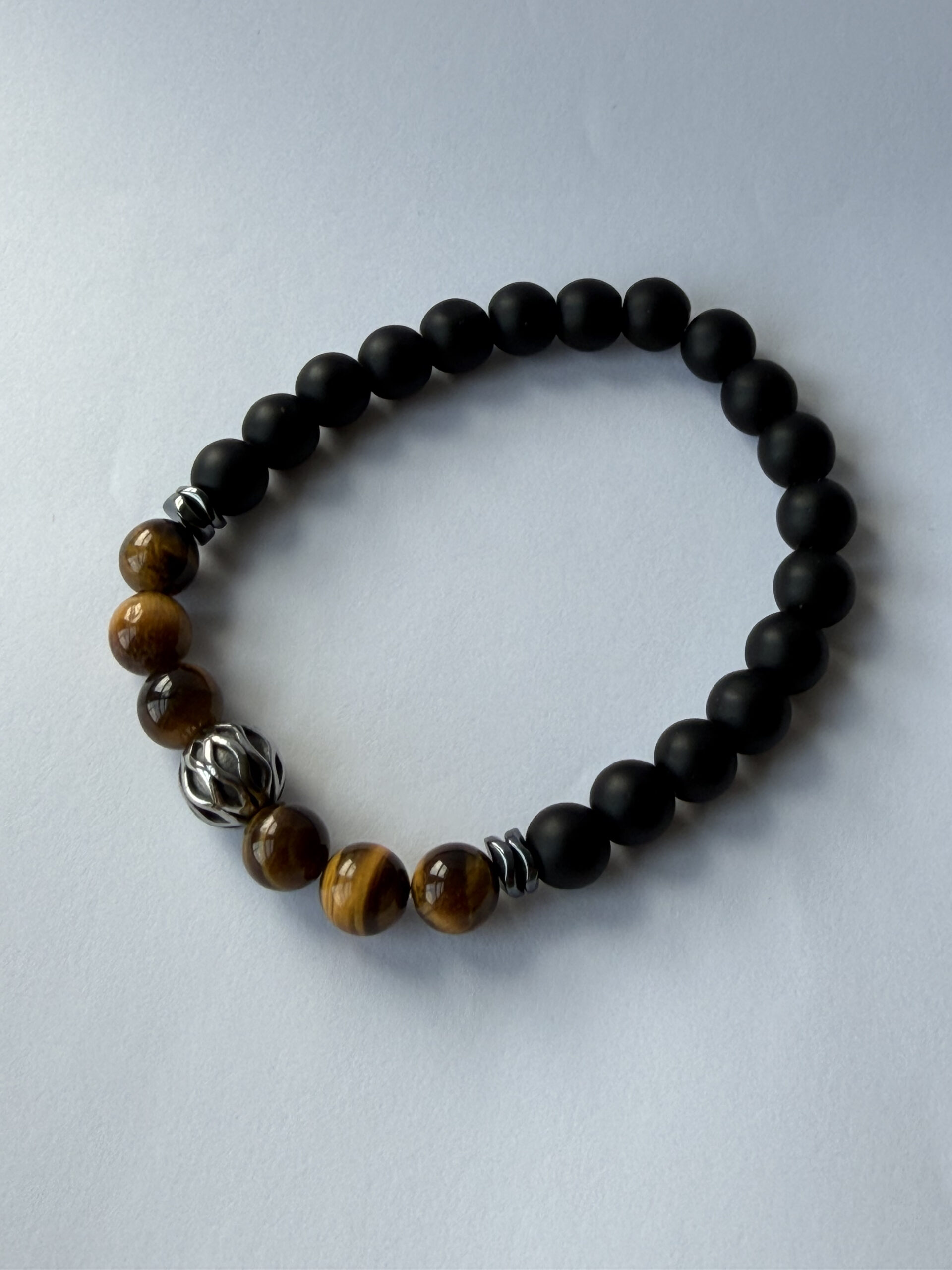 Tiger Eye and Matte Onyx Stretch Bracelet for Men, Filigree Bead, 8 mm — view 6
