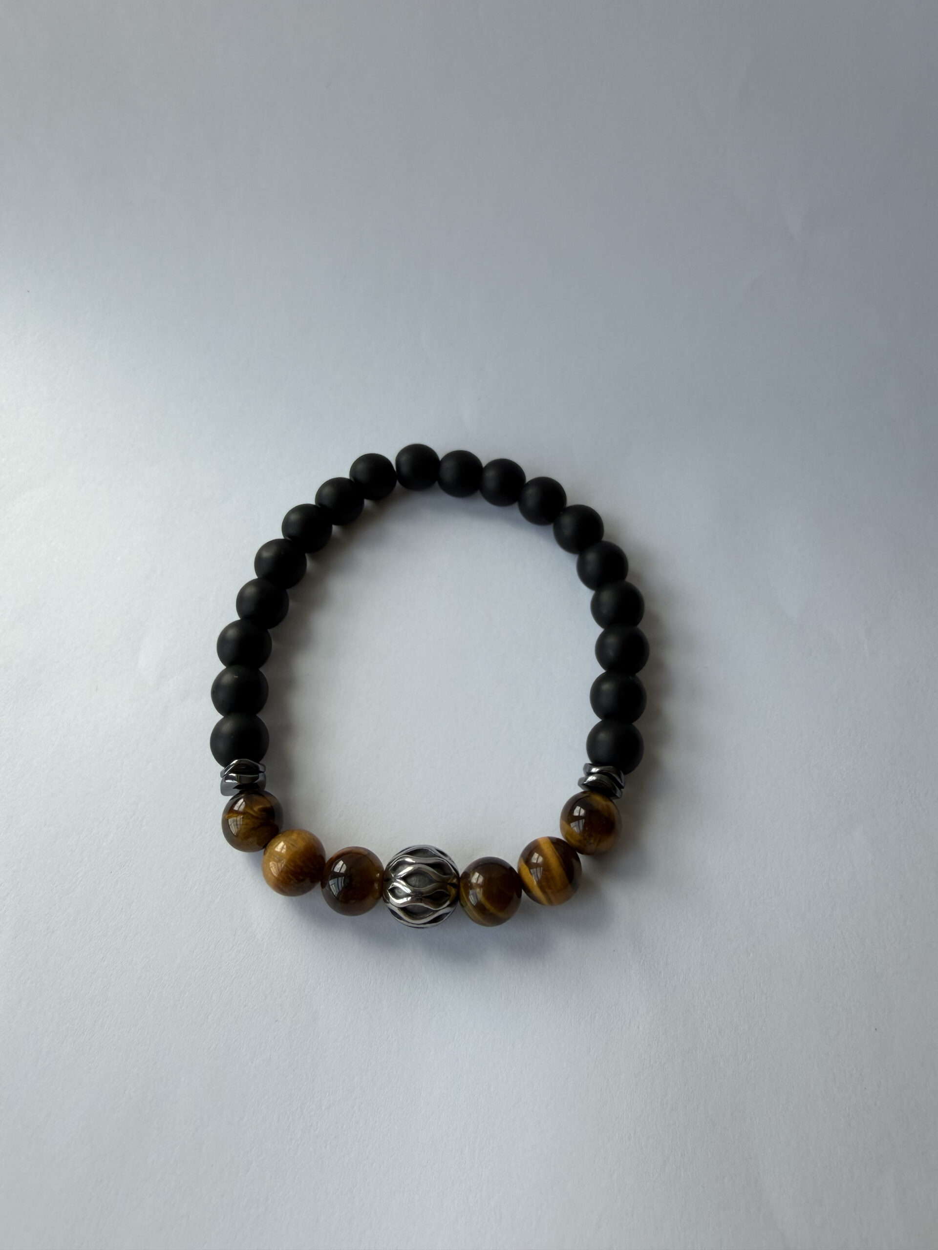 Tiger Eye and Matte Onyx Stretch Bracelet for Men, Filigree Bead, 8 mm — view 7