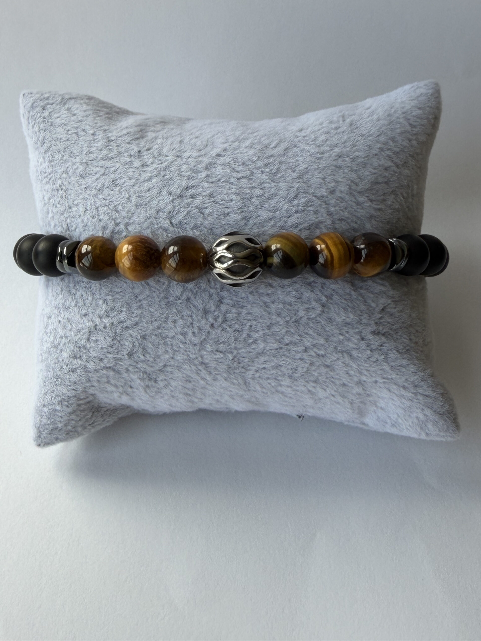Tiger Eye and Matte Onyx Stretch Bracelet for Men, Filigree Bead, 8 mm — view 8