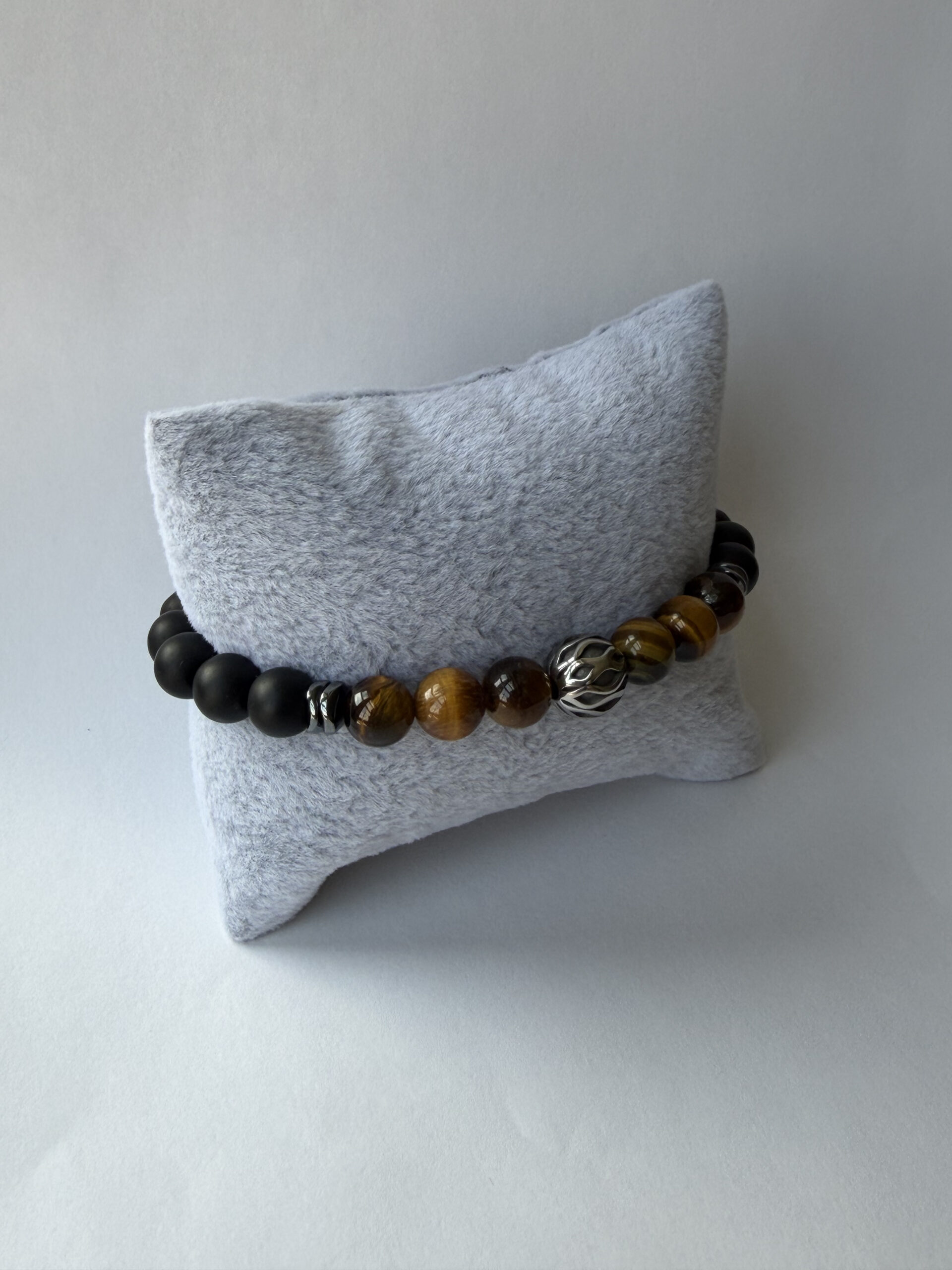 Tiger Eye and Matte Onyx Stretch Bracelet for Men, Filigree Bead, 8 mm — view 9