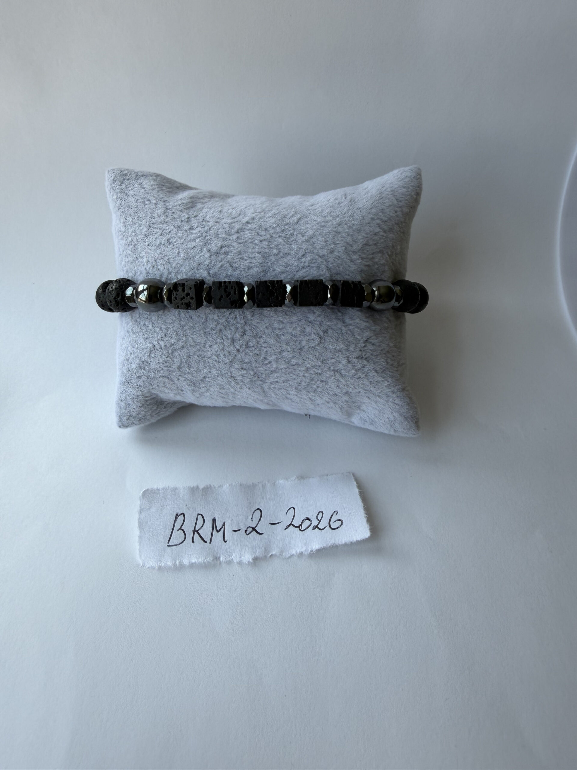 Black Lava Stone Stretch Bracelet for Men, Lava Cubes and Hematite, 8 mm — view 1