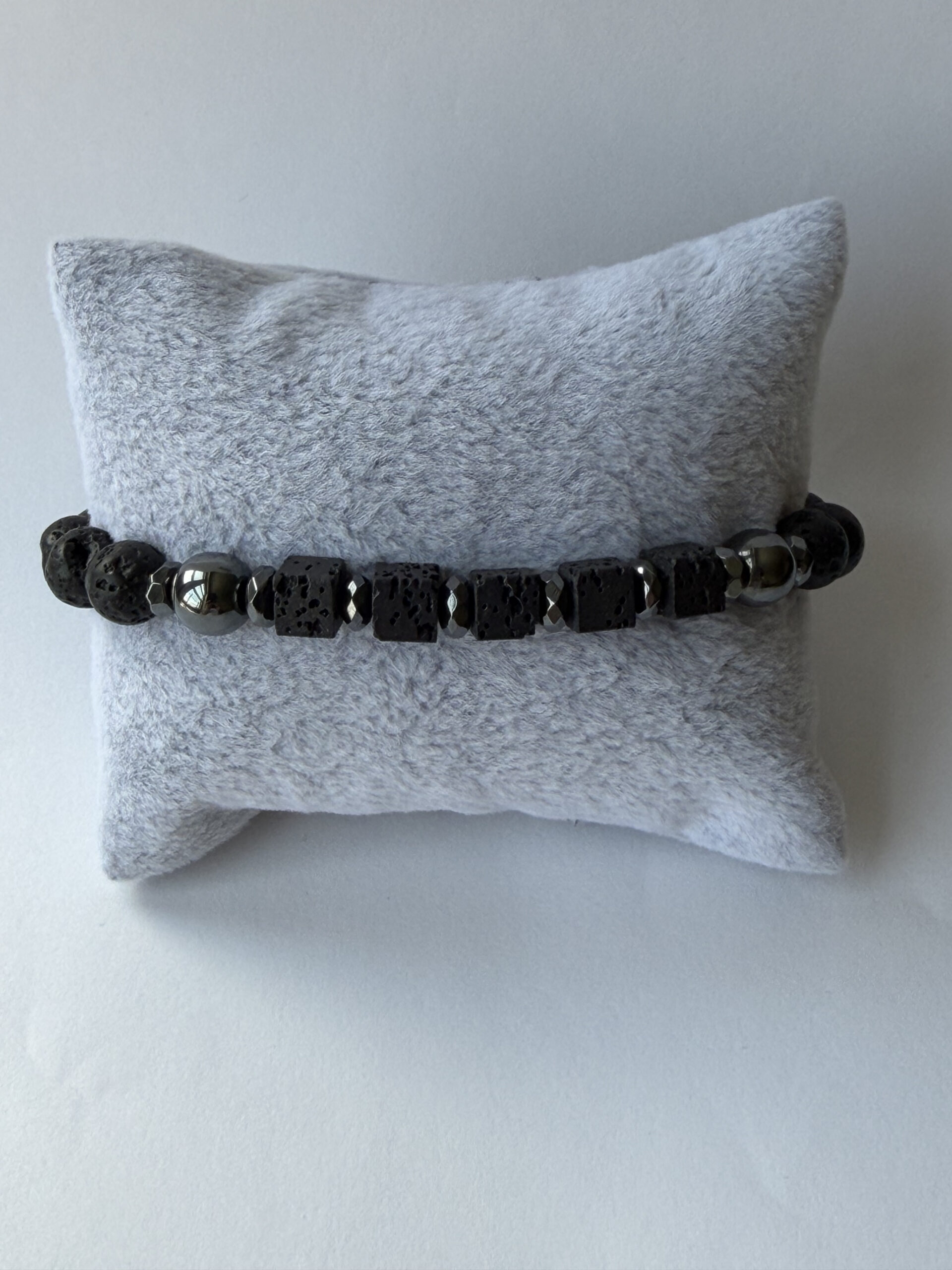 Black Lava Stone Stretch Bracelet for Men, Lava Cubes and Hematite, 8 mm — view 2