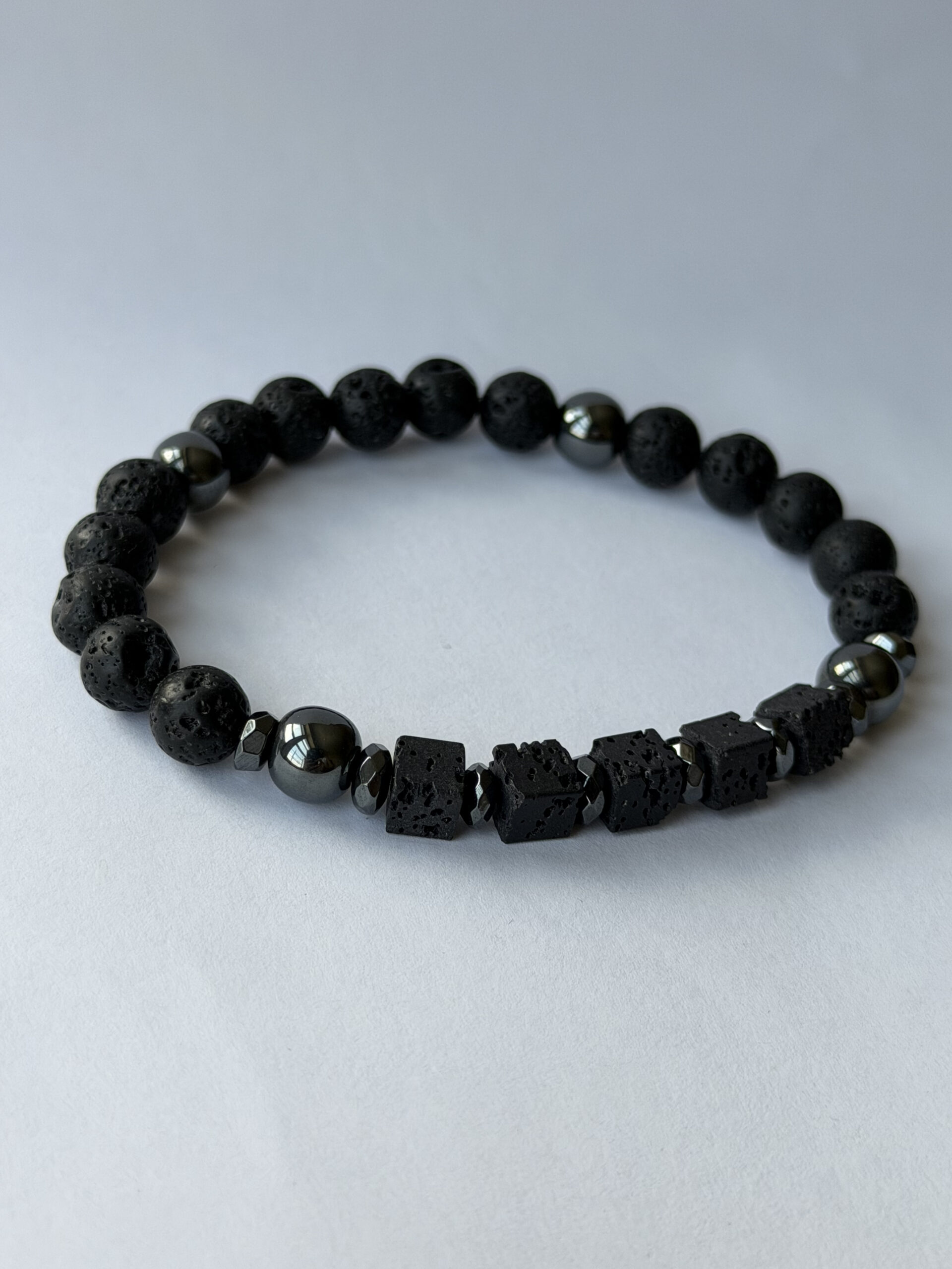 Black Lava Stone Stretch Bracelet for Men, Lava Cubes and Hematite, 8 mm — view 3