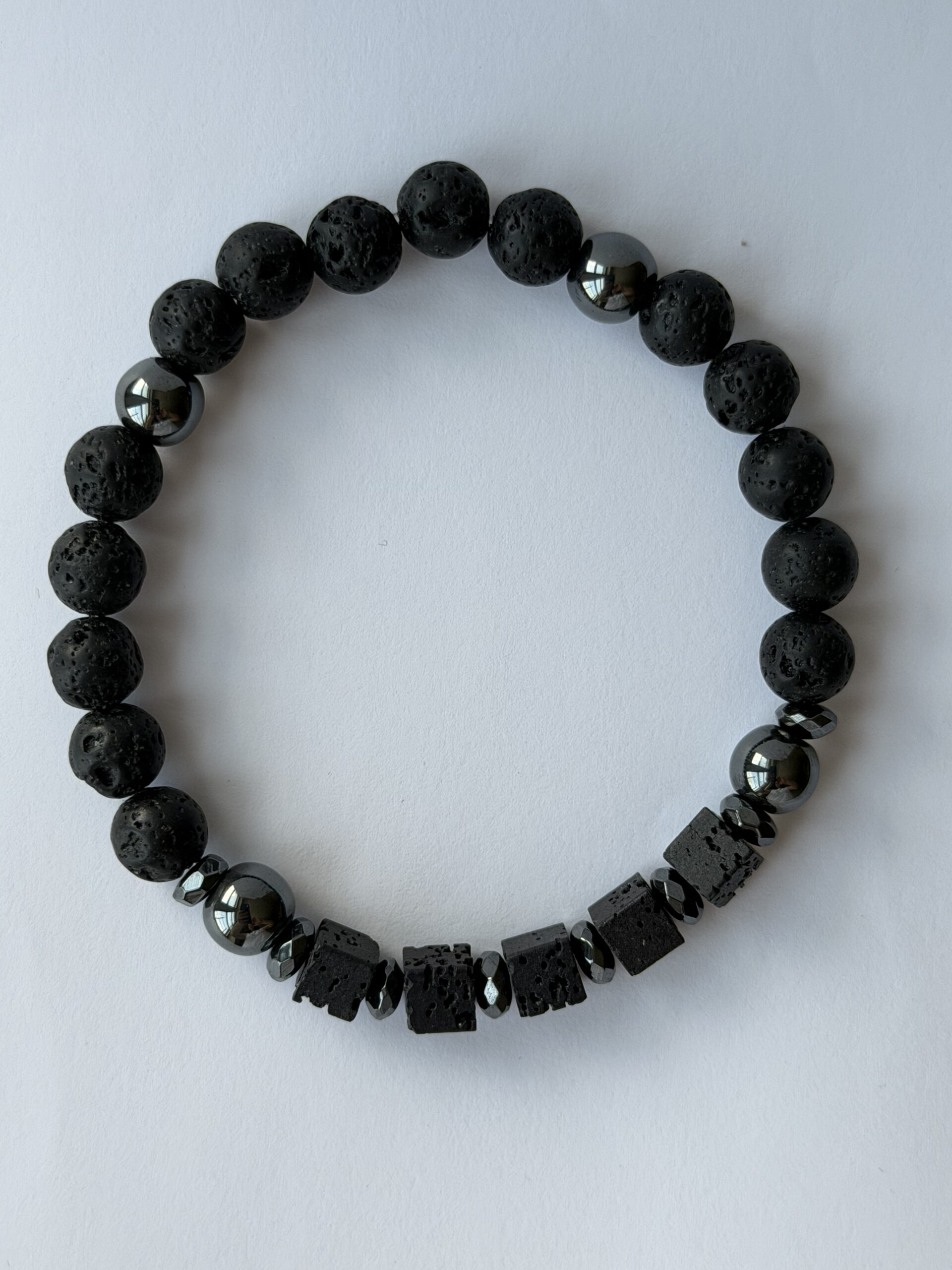 Black Lava Stone Stretch Bracelet for Men, Lava Cubes and Hematite, 8 mm — view 4