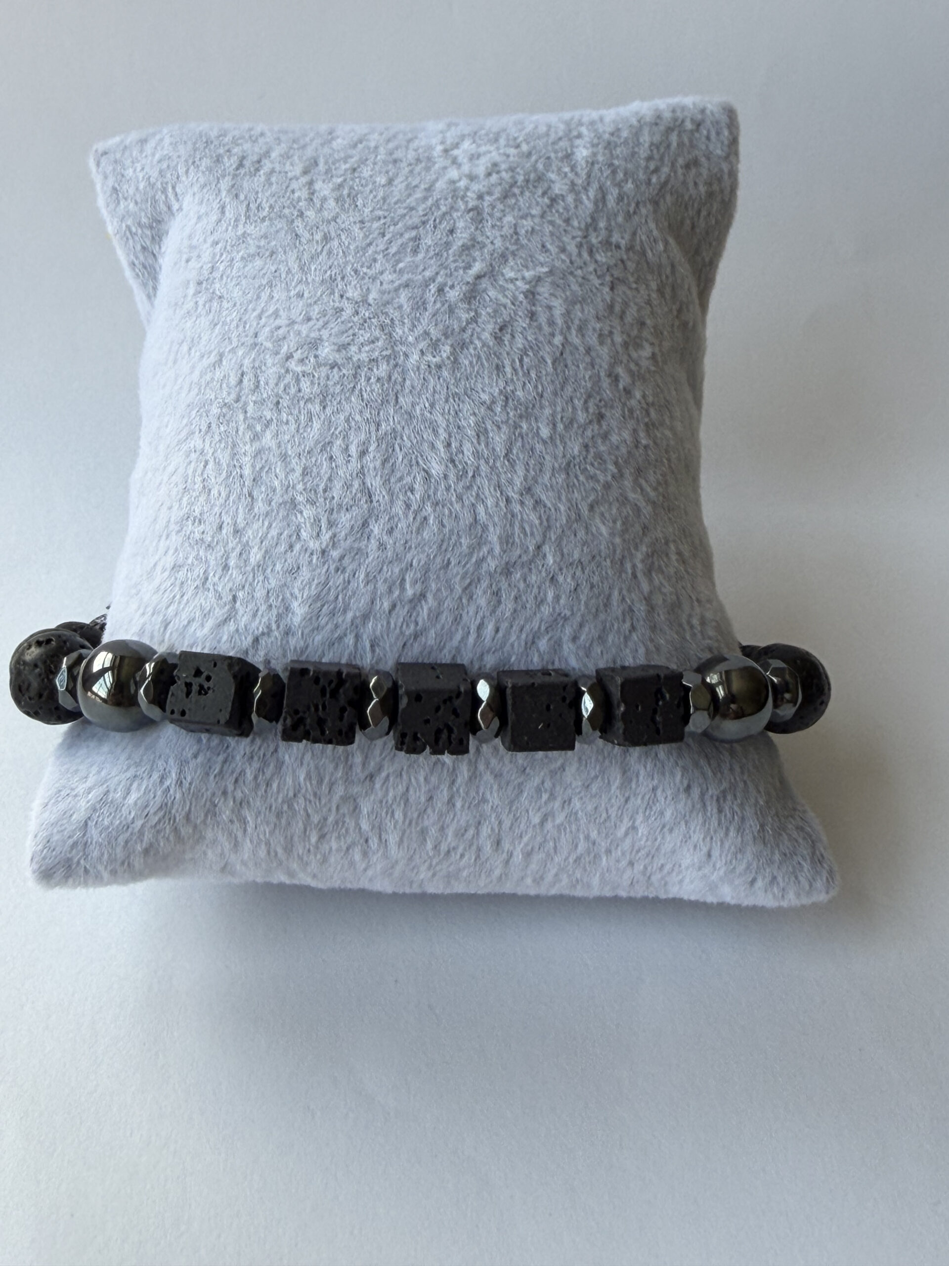 Black Lava Stone Stretch Bracelet for Men, Lava Cubes and Hematite, 8 mm — view 5