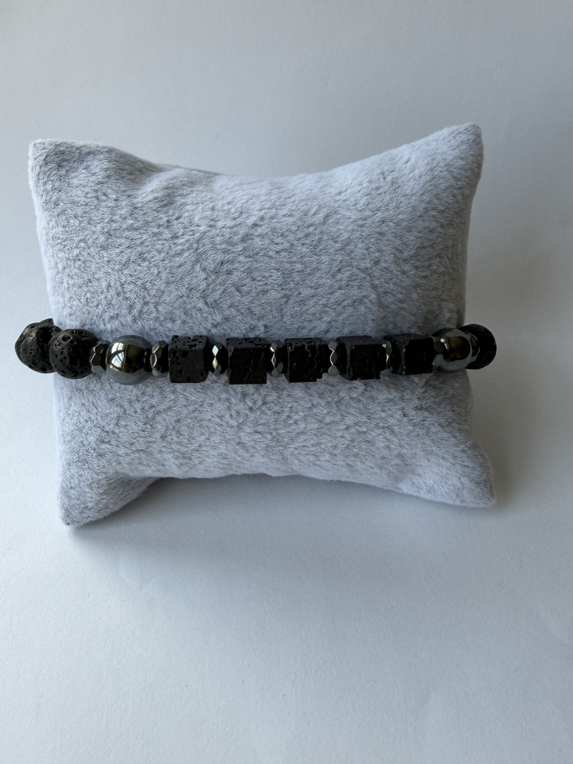 Black Lava Stone Stretch Bracelet for Men, Lava Cubes and Hematite, 8 mm — view 6