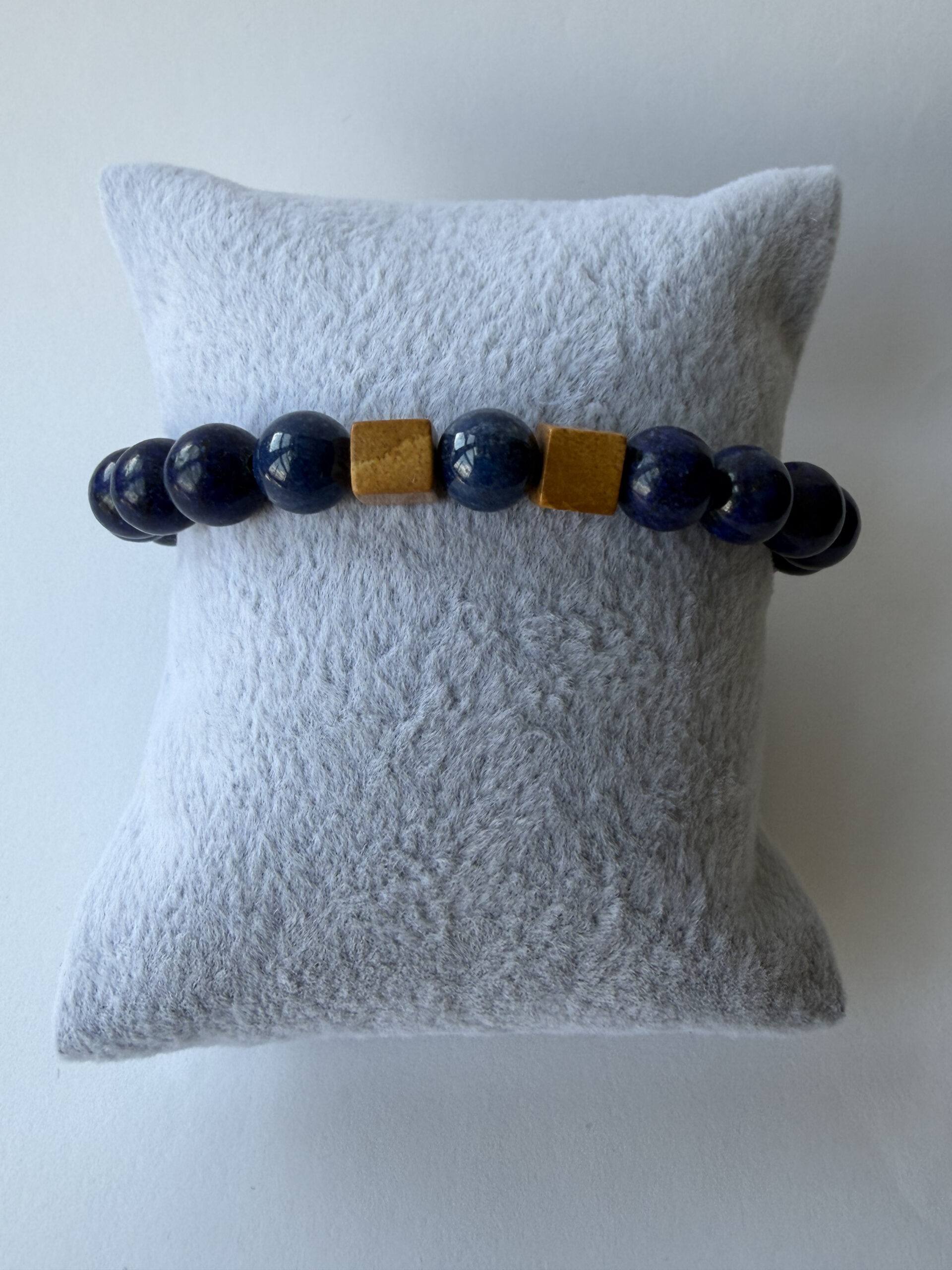 Lapis Lazuli Stretch Bracelet for Men, Picture Jasper Cubes, 8 mm Beads — view 1
