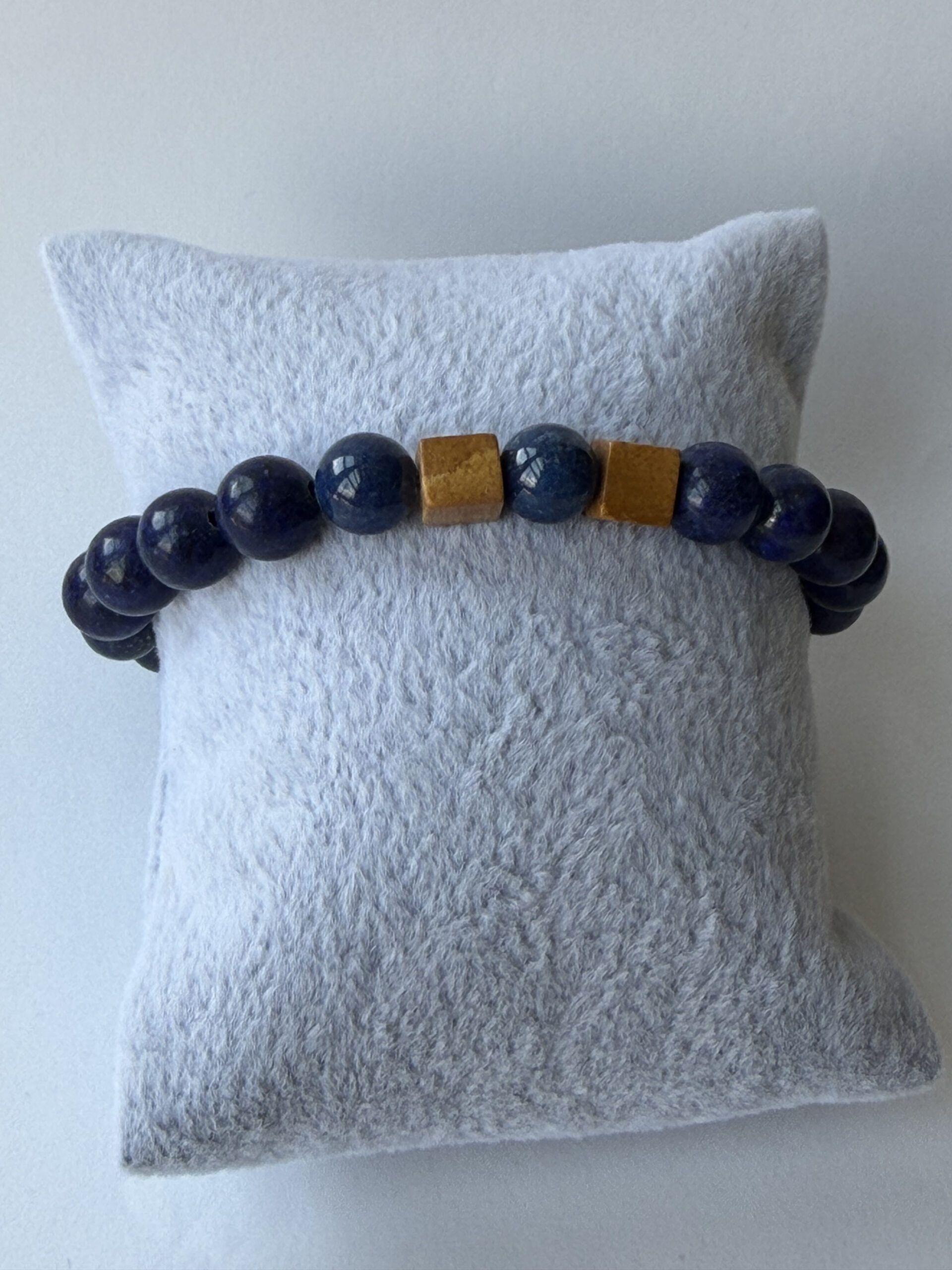 Lapis Lazuli Stretch Bracelet for Men, Picture Jasper Cubes, 8 mm Beads — view 2