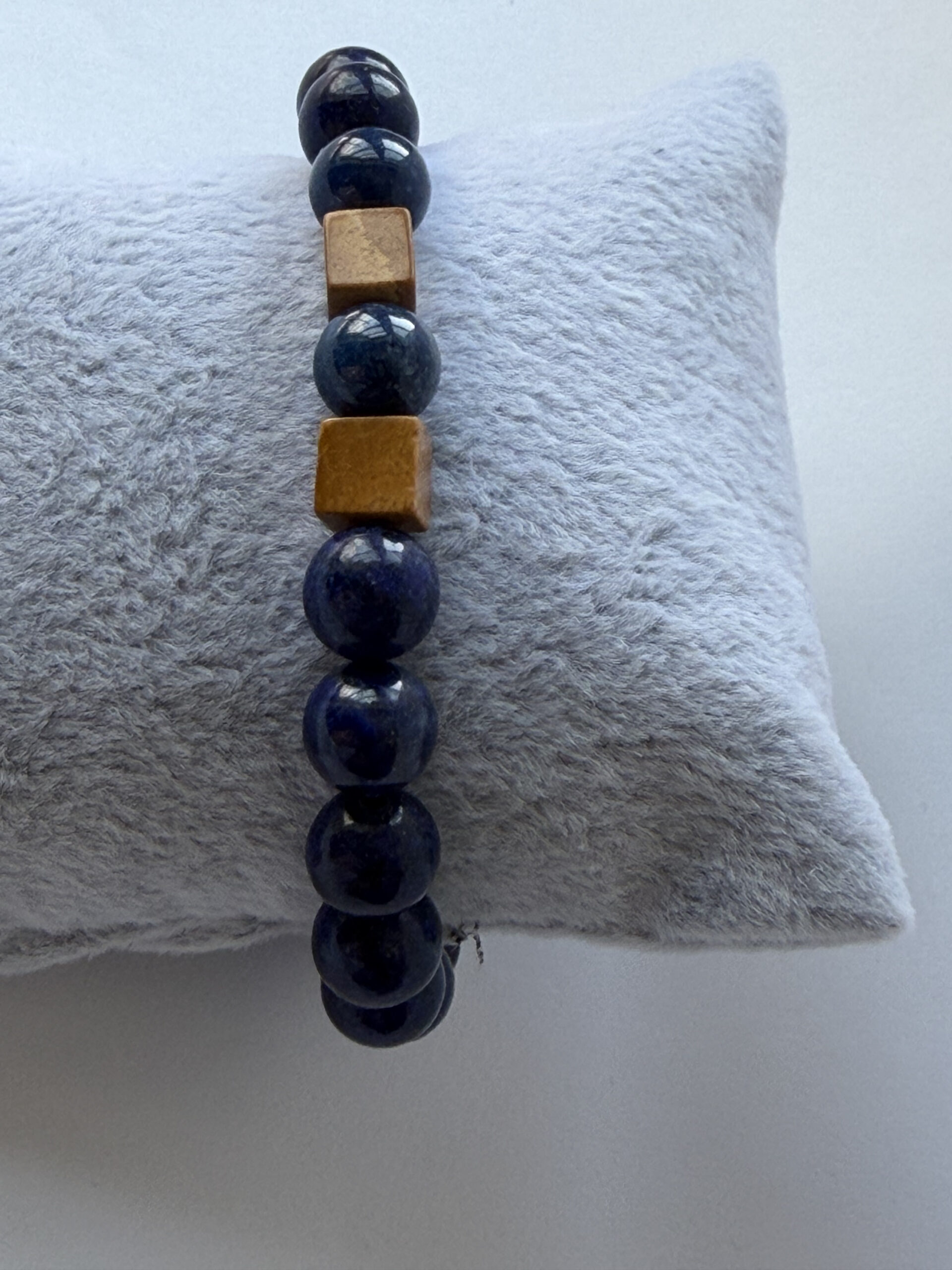 Lapis Lazuli Stretch Bracelet for Men, Picture Jasper Cubes, 8 mm Beads — view 3