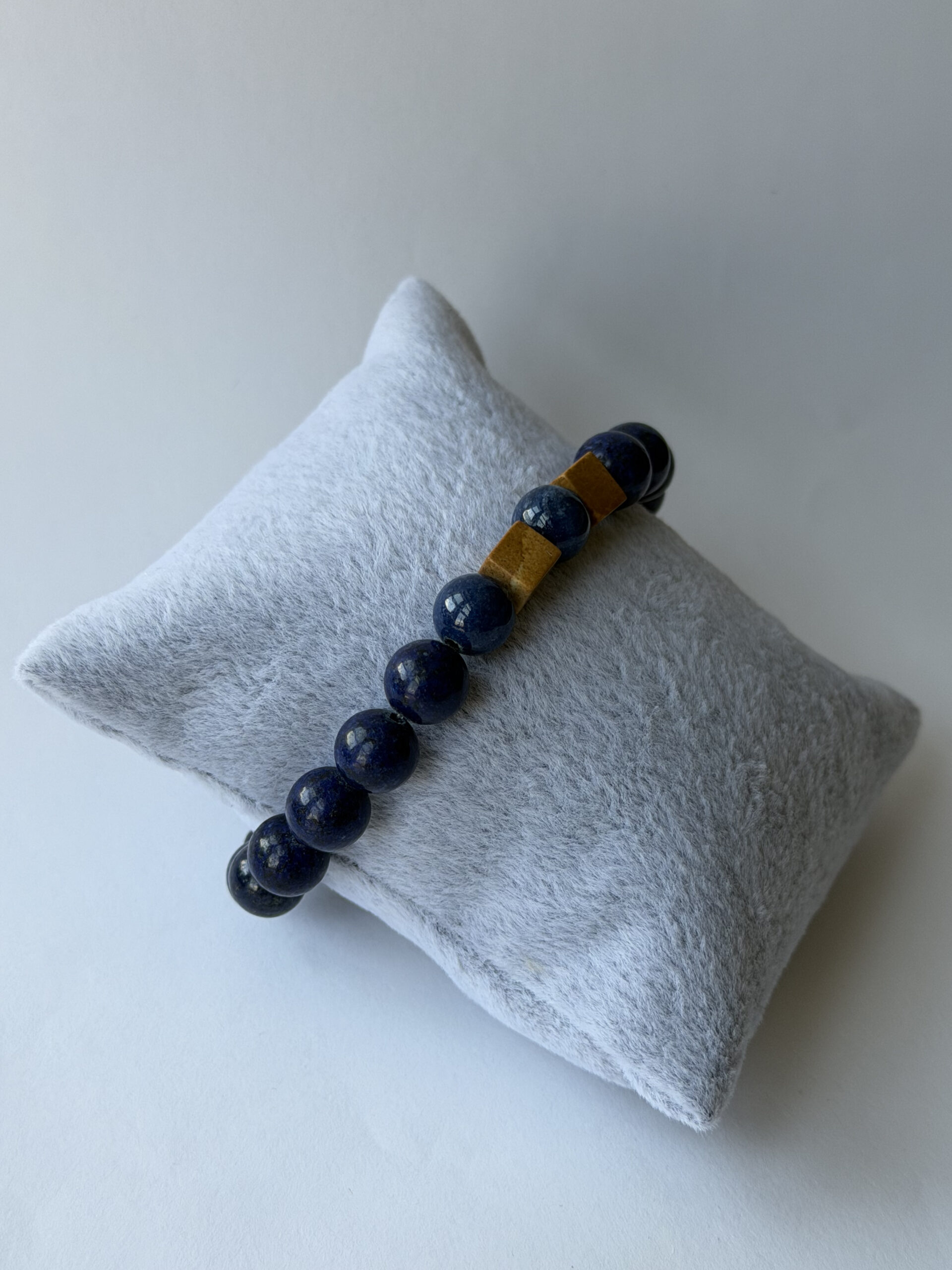 Lapis Lazuli Stretch Bracelet for Men, Picture Jasper Cubes, 8 mm Beads — view 4