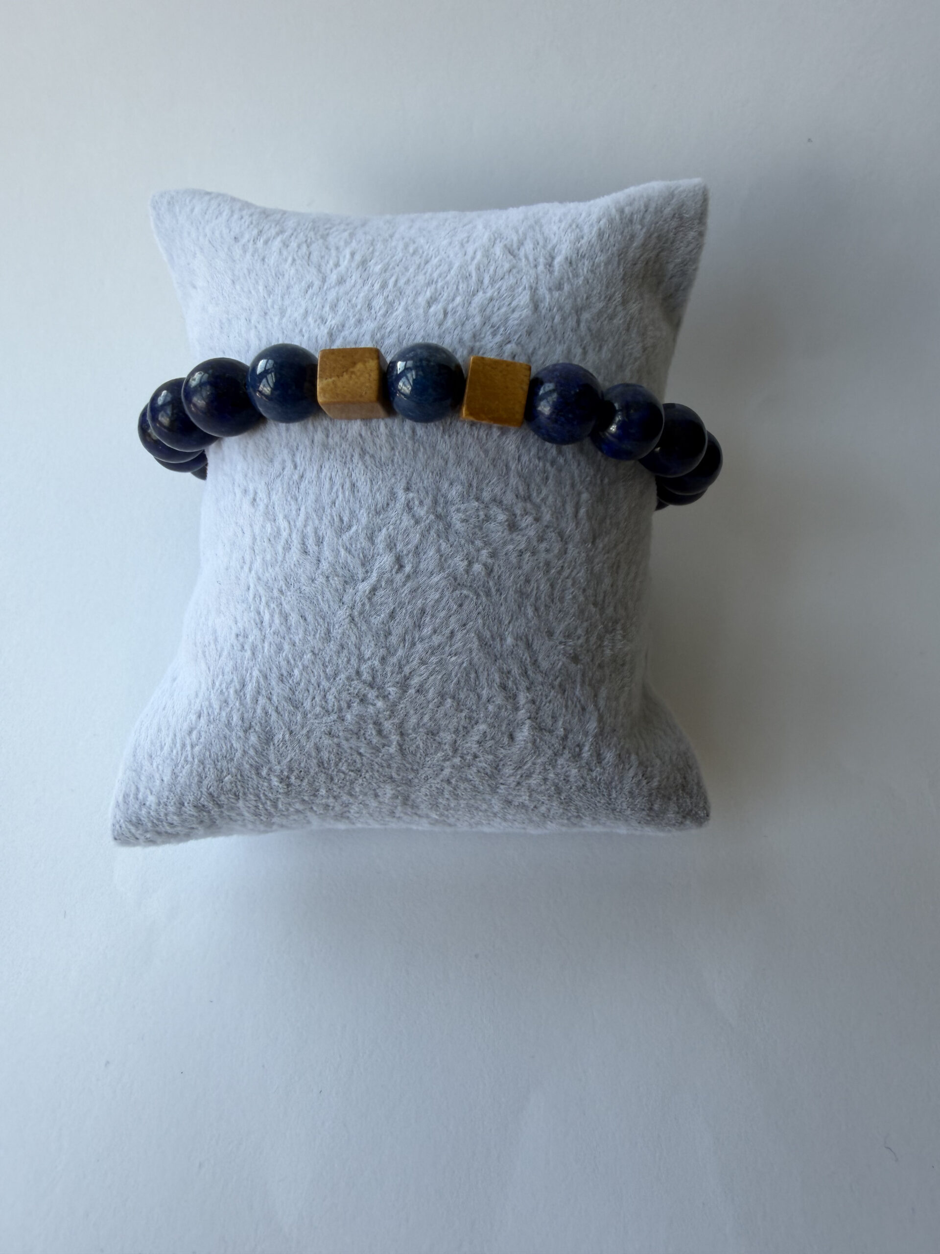 Lapis Lazuli Stretch Bracelet for Men, Picture Jasper Cubes, 8 mm Beads — view 5