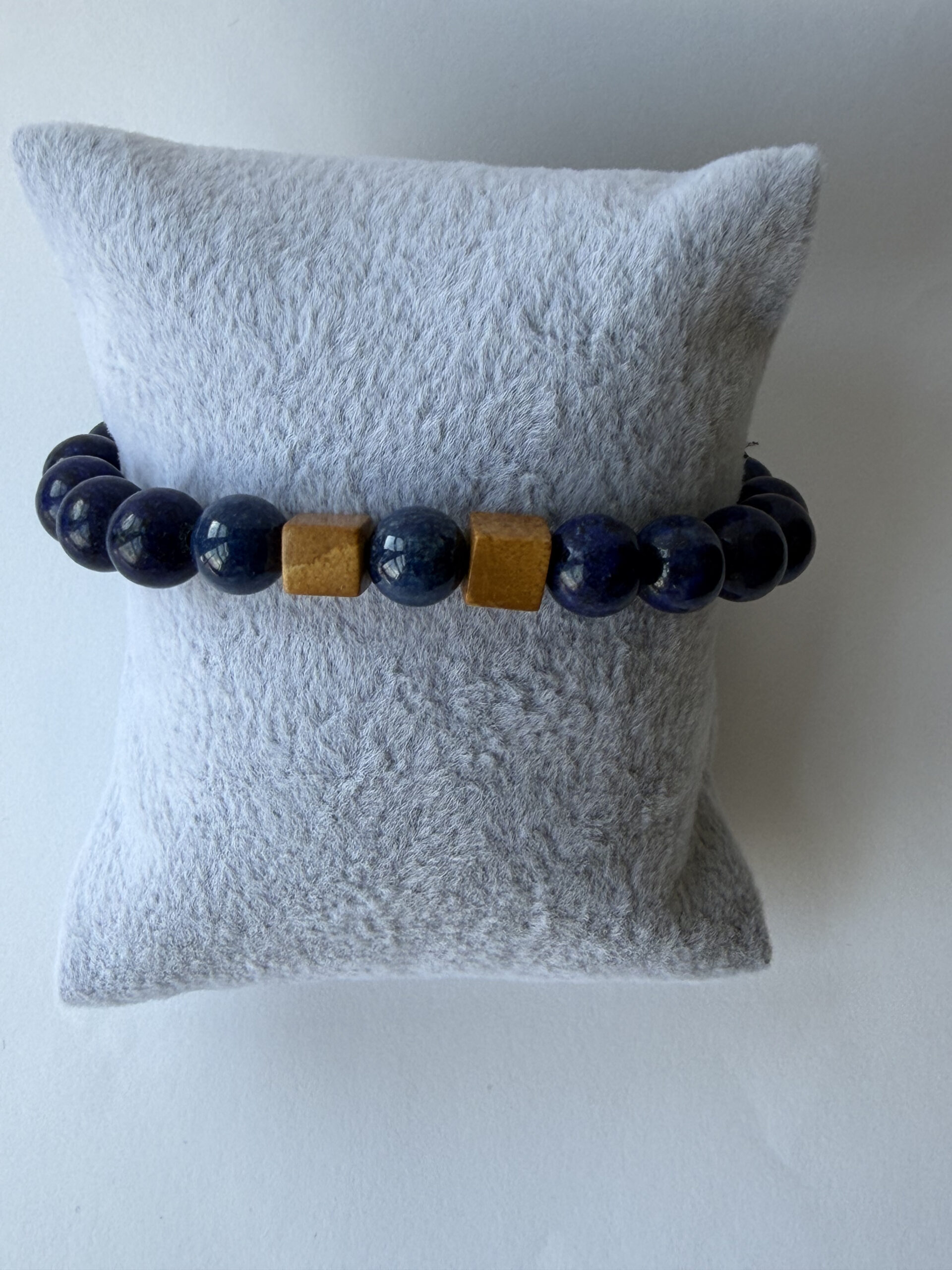 Lapis Lazuli Stretch Bracelet for Men, Picture Jasper Cubes, 8 mm Beads — view 6