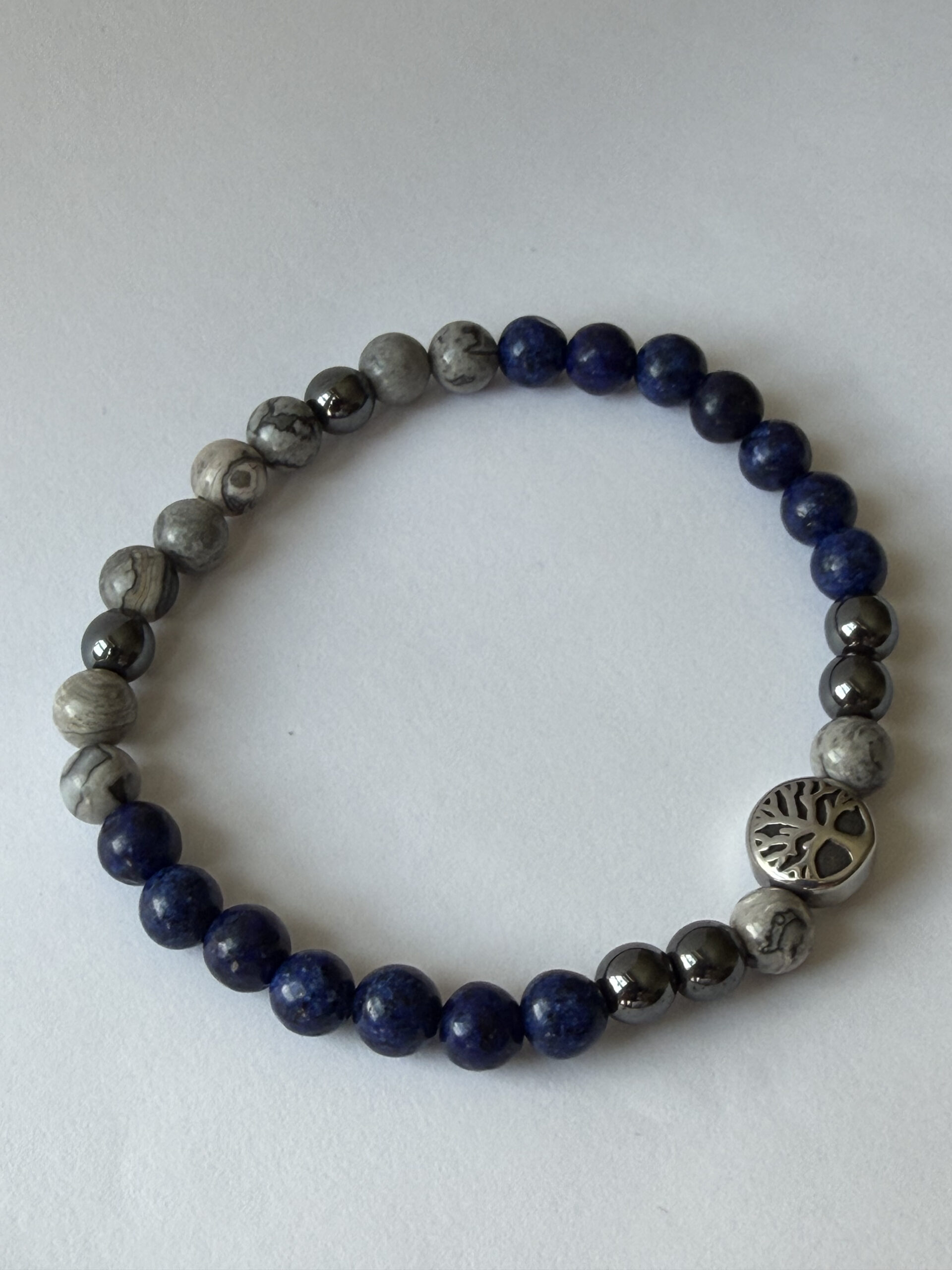 Lapis Lazuli and Map Jasper Stretch Bracelet for Men, Tree of Life Bead — view 1