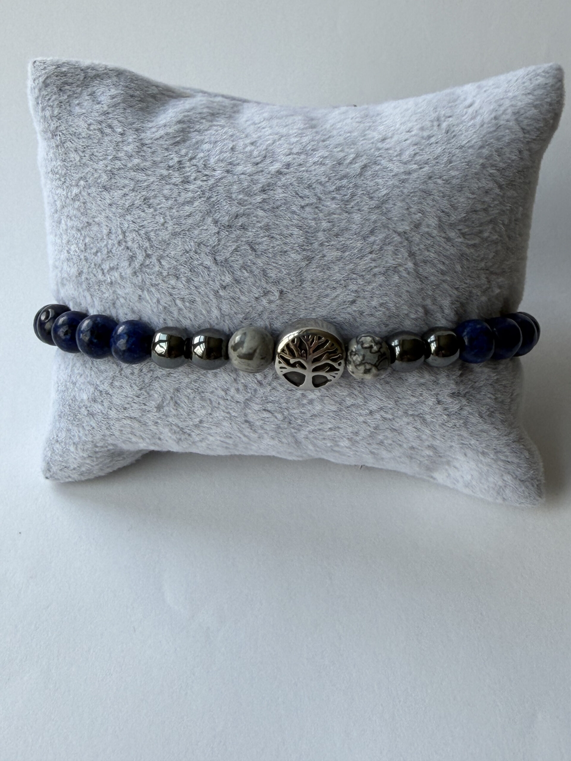Lapis Lazuli and Map Jasper Stretch Bracelet for Men, Tree of Life Bead — view 2