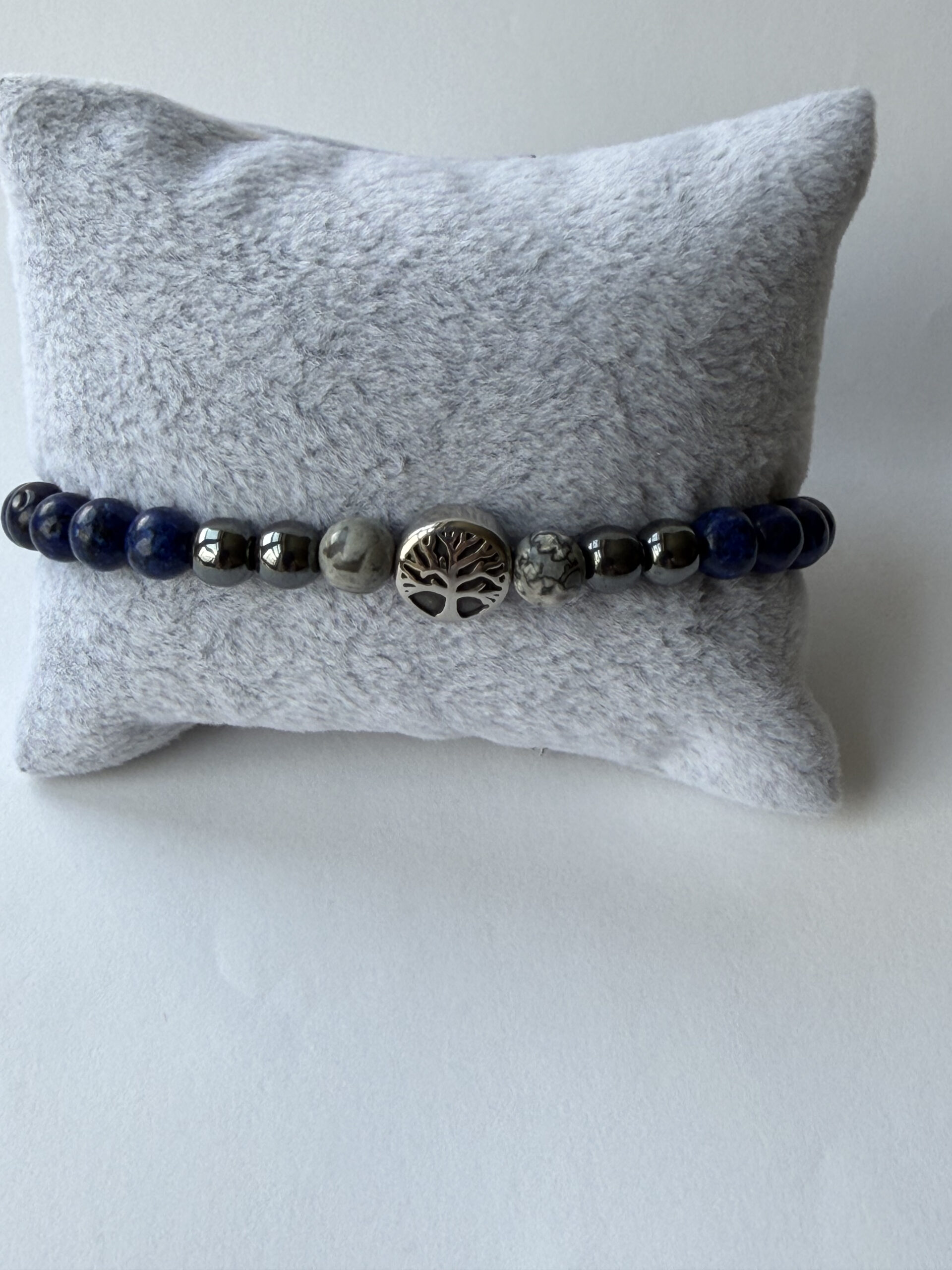 Lapis Lazuli and Map Jasper Stretch Bracelet for Men, Tree of Life Bead — view 3