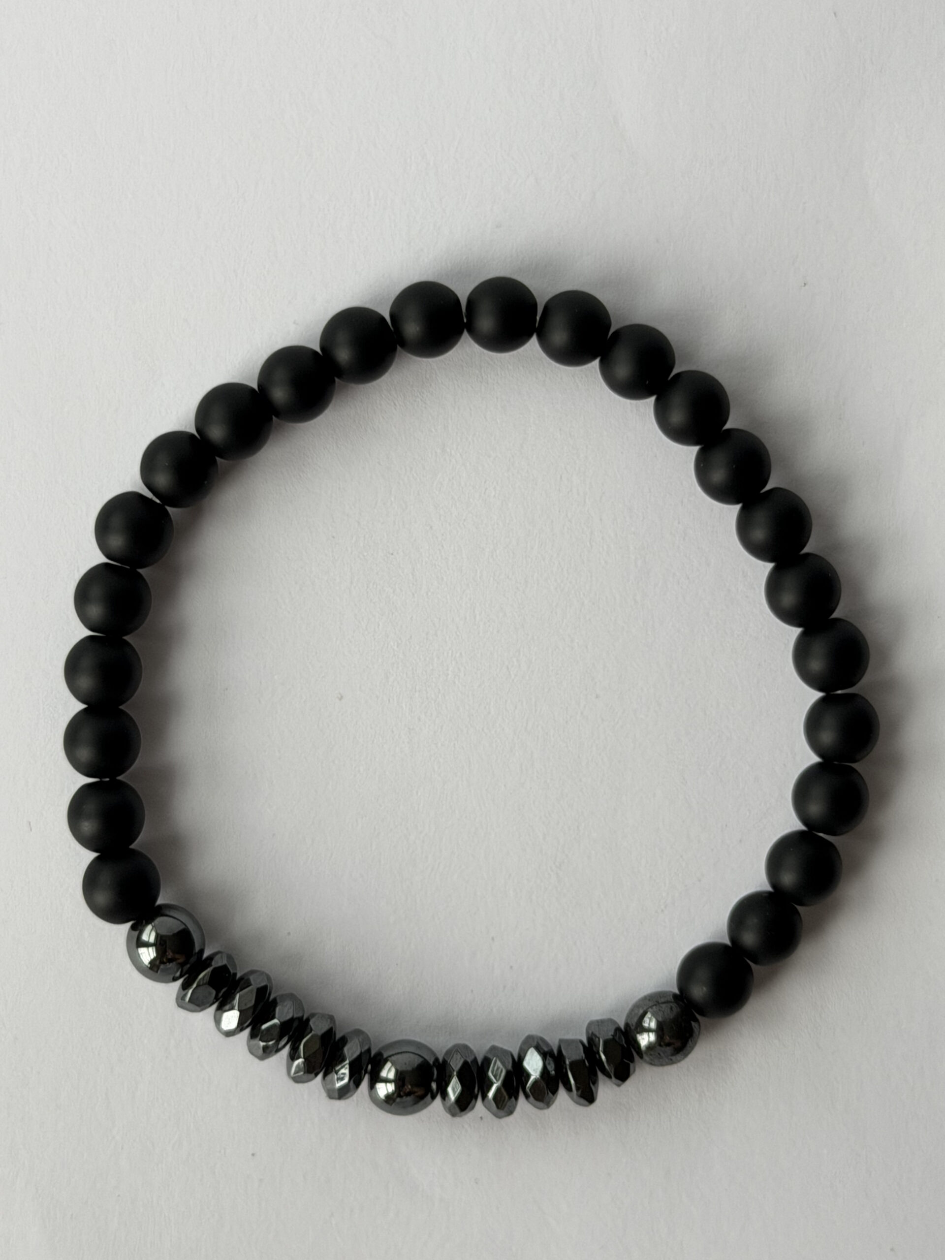 Matte Black Onyx and Hematite Stretch Bracelet for Men, Faceted Spacers, 6 mm — view 1