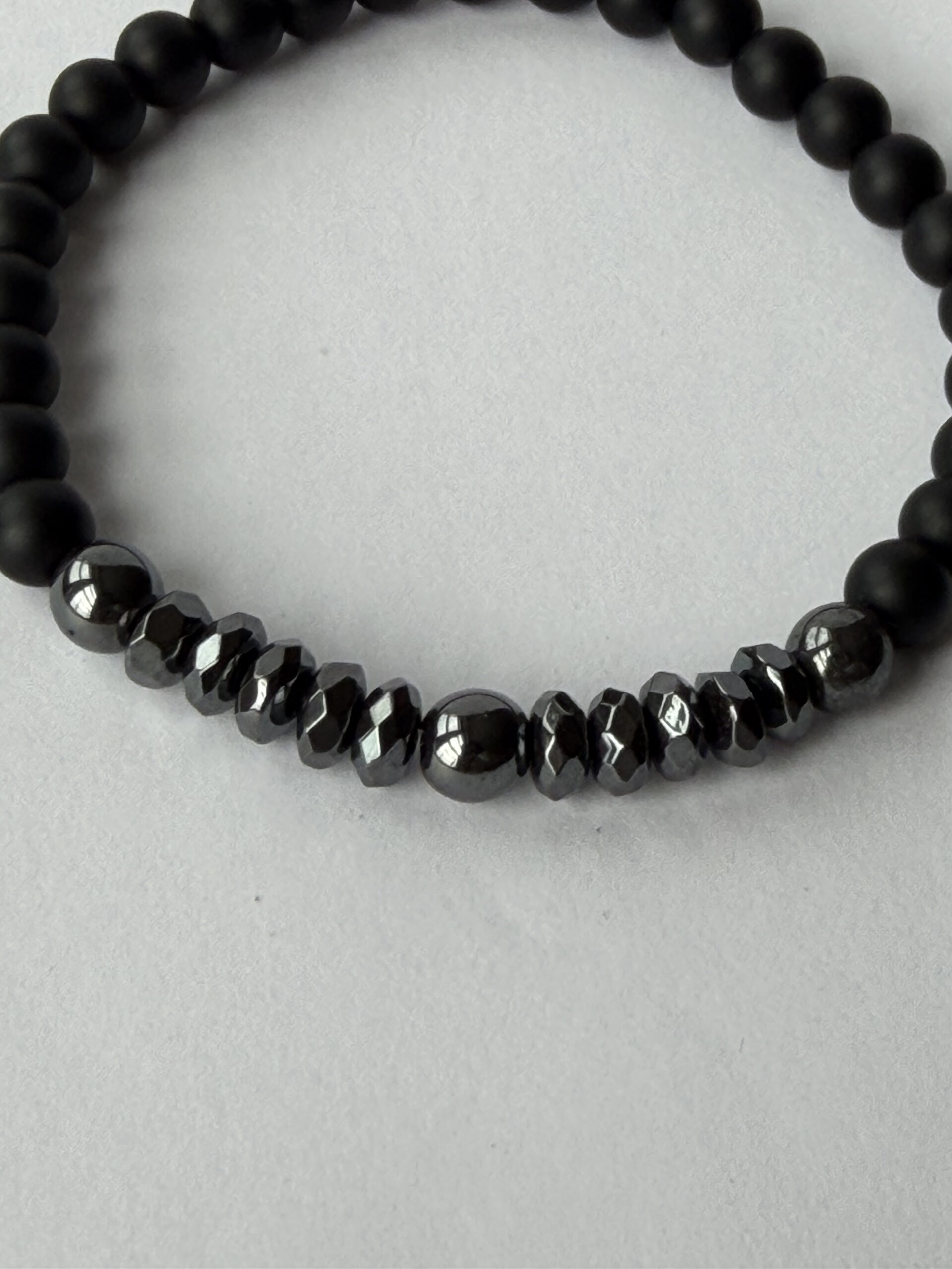 Matte Black Onyx and Hematite Stretch Bracelet for Men, Faceted Spacers, 6 mm — view 2