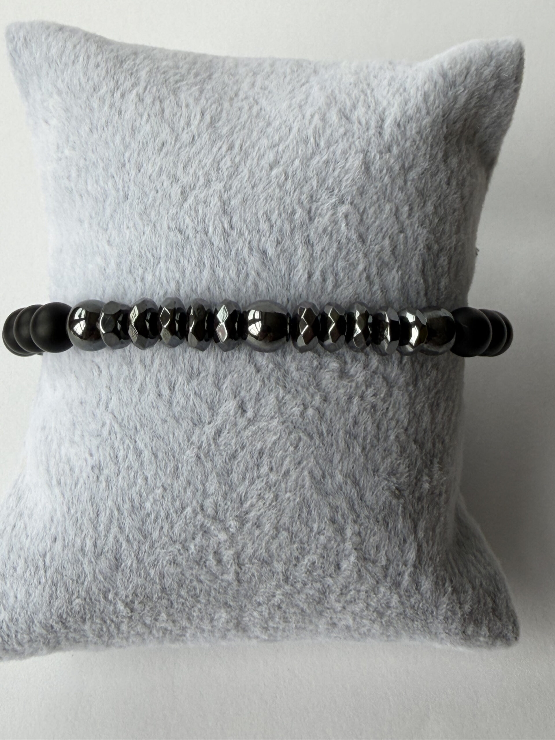 Matte Black Onyx and Hematite Stretch Bracelet for Men, Faceted Spacers, 6 mm — view 3