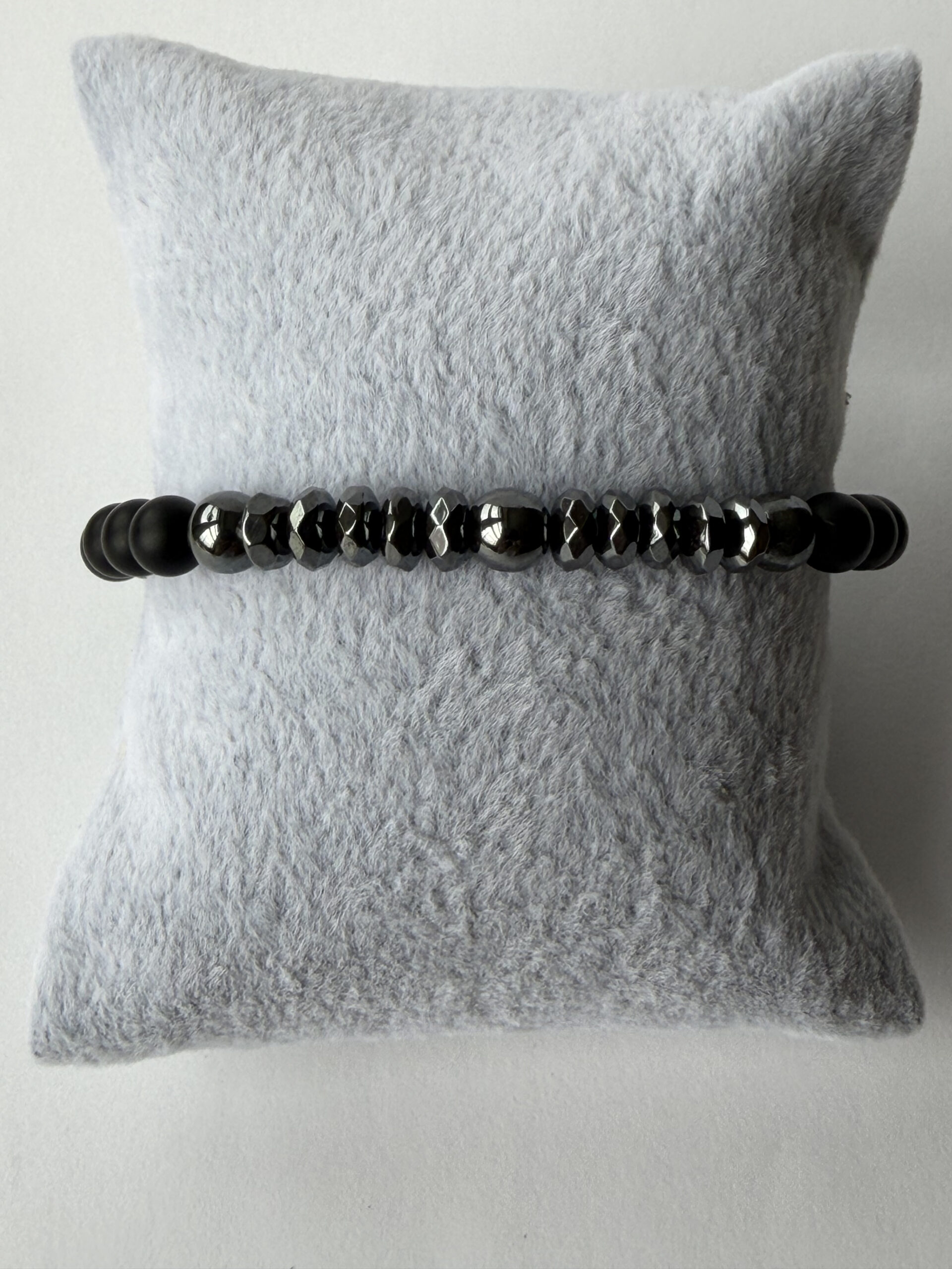 Matte Black Onyx and Hematite Stretch Bracelet for Men, Faceted Spacers, 6 mm — view 4