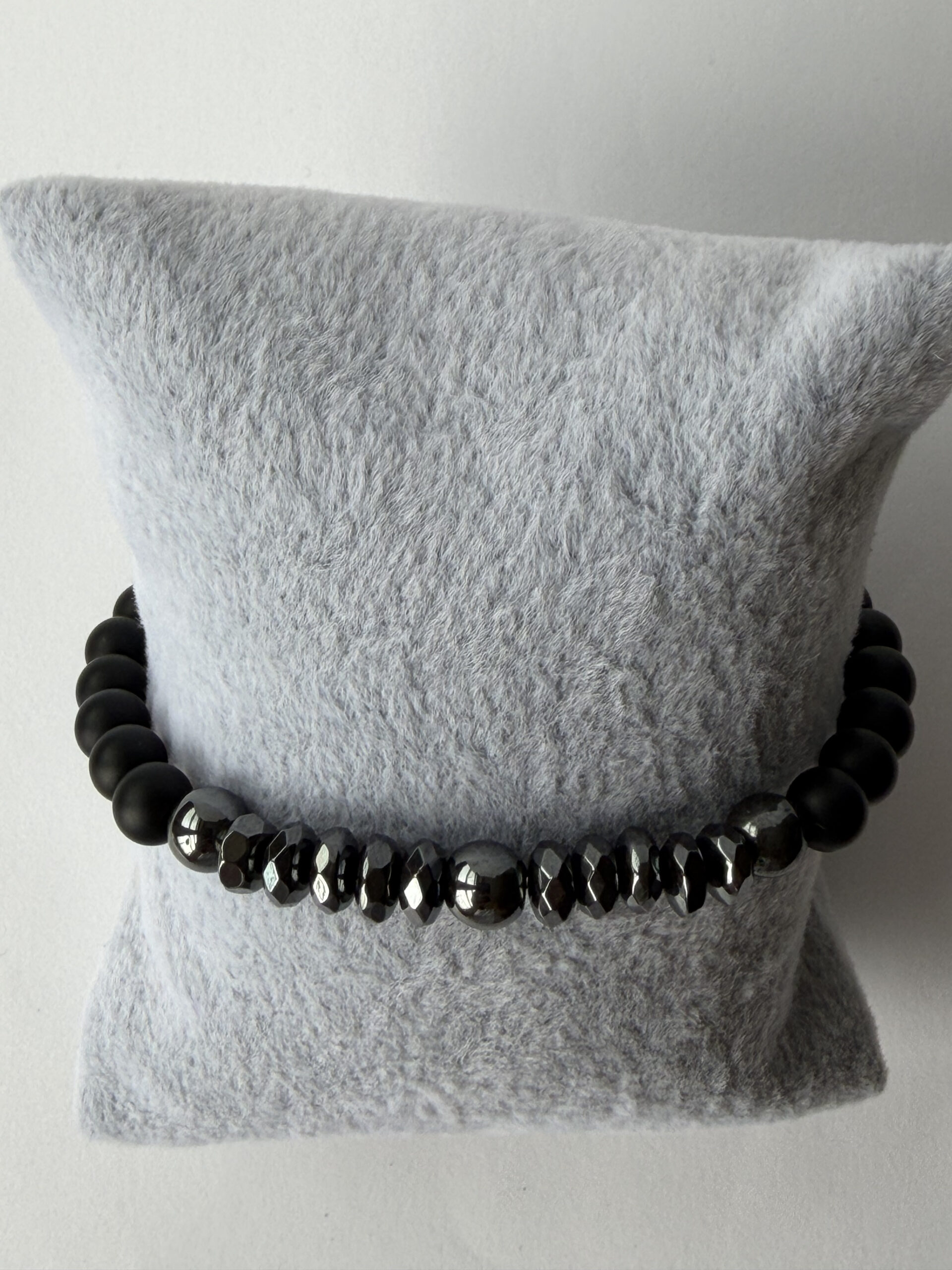Matte Black Onyx and Hematite Stretch Bracelet for Men, Faceted Spacers, 6 mm — view 5