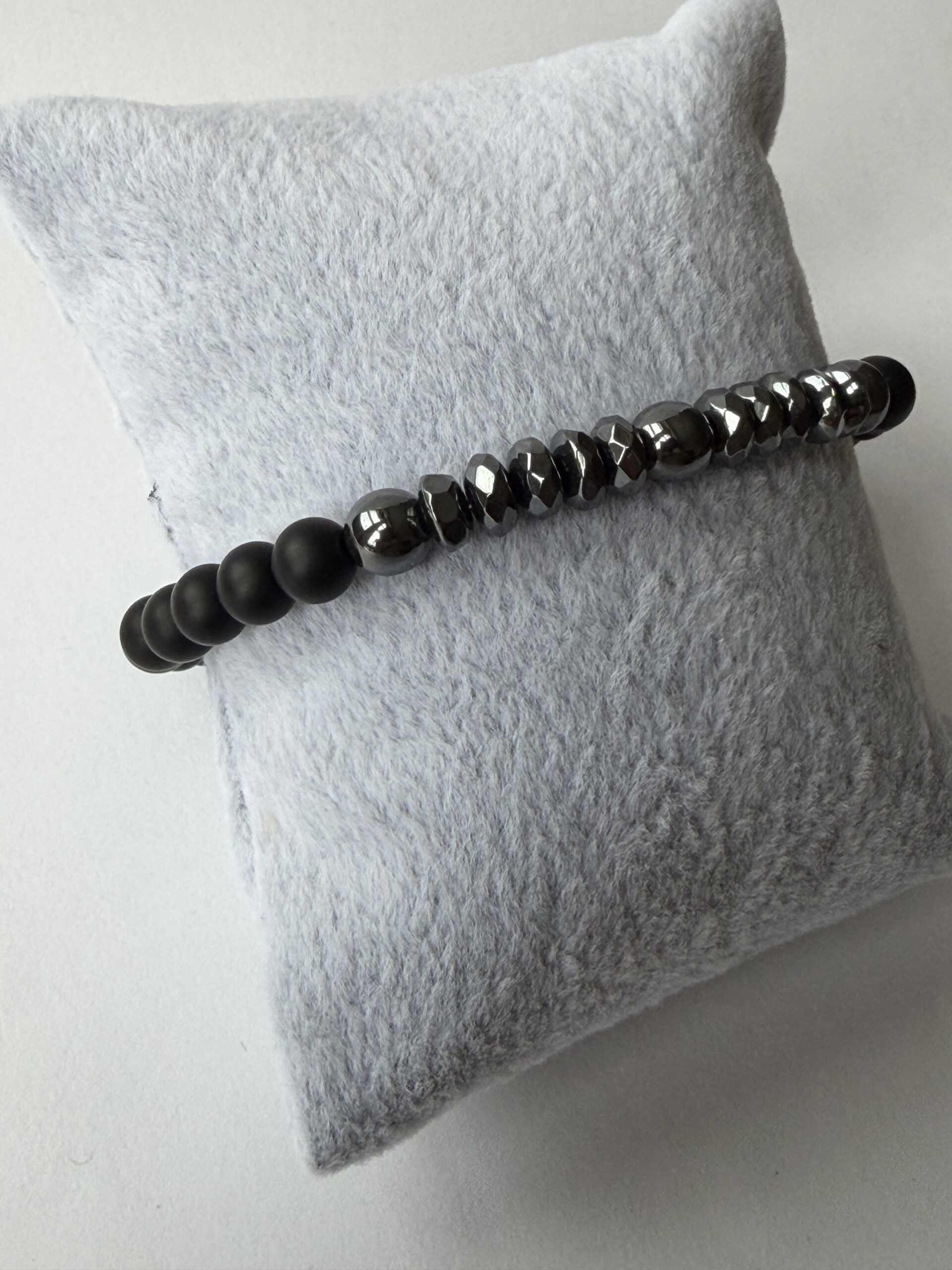 Matte Black Onyx and Hematite Stretch Bracelet for Men, Faceted Spacers, 6 mm — view 6
