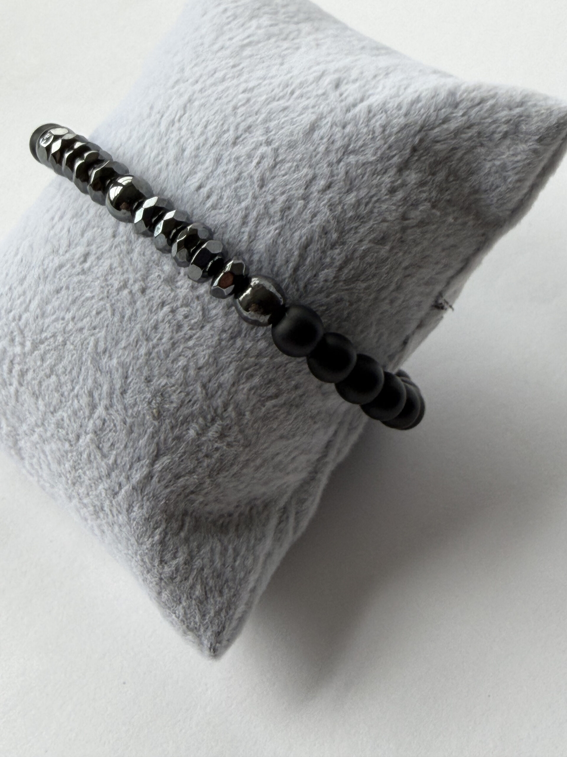 Matte Black Onyx and Hematite Stretch Bracelet for Men, Faceted Spacers, 6 mm — view 7