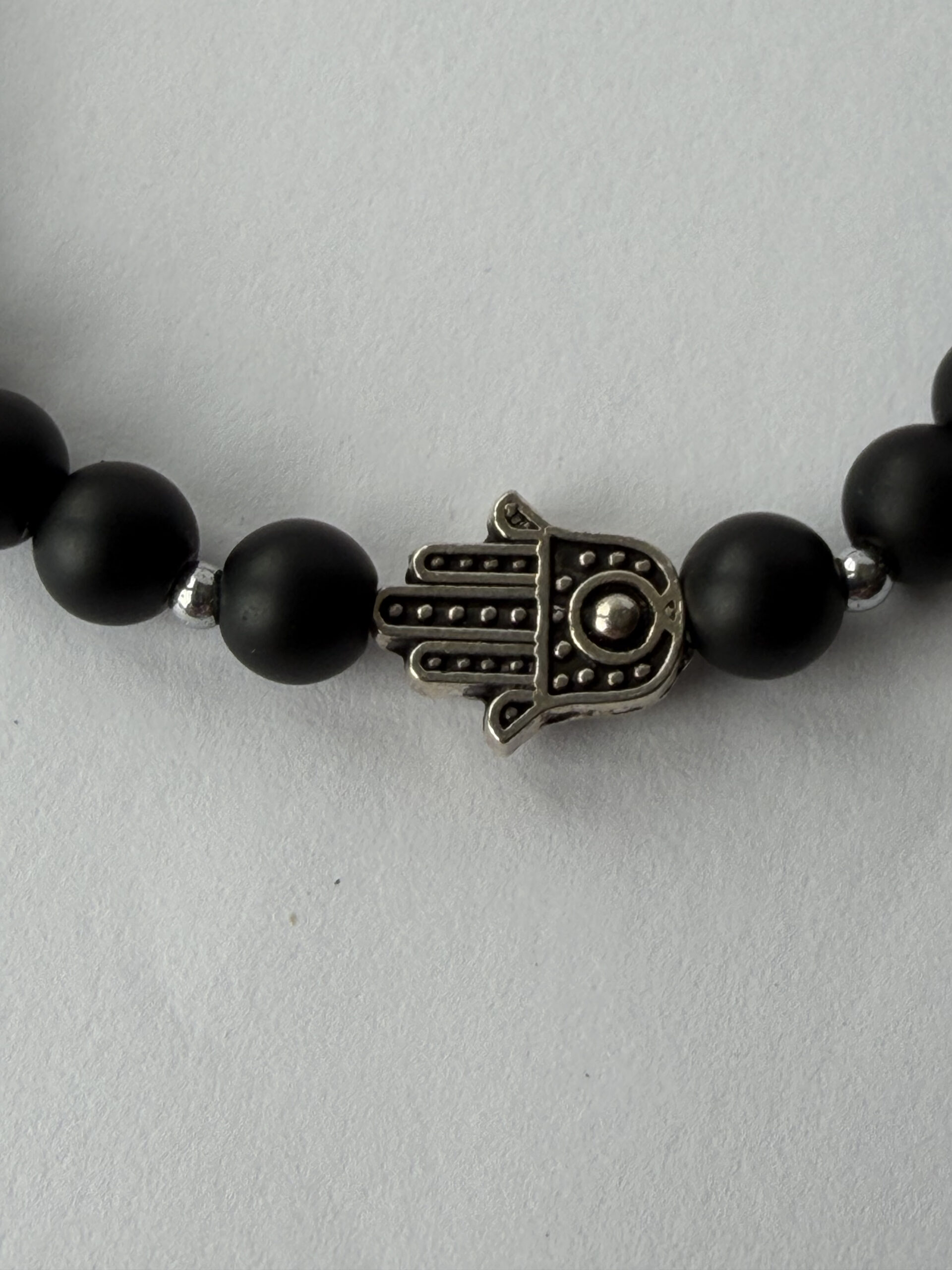 Matte Black Onyx Hamsa Bracelet for Men, 6 mm Stretch Stone Bead Bracelet — view 1