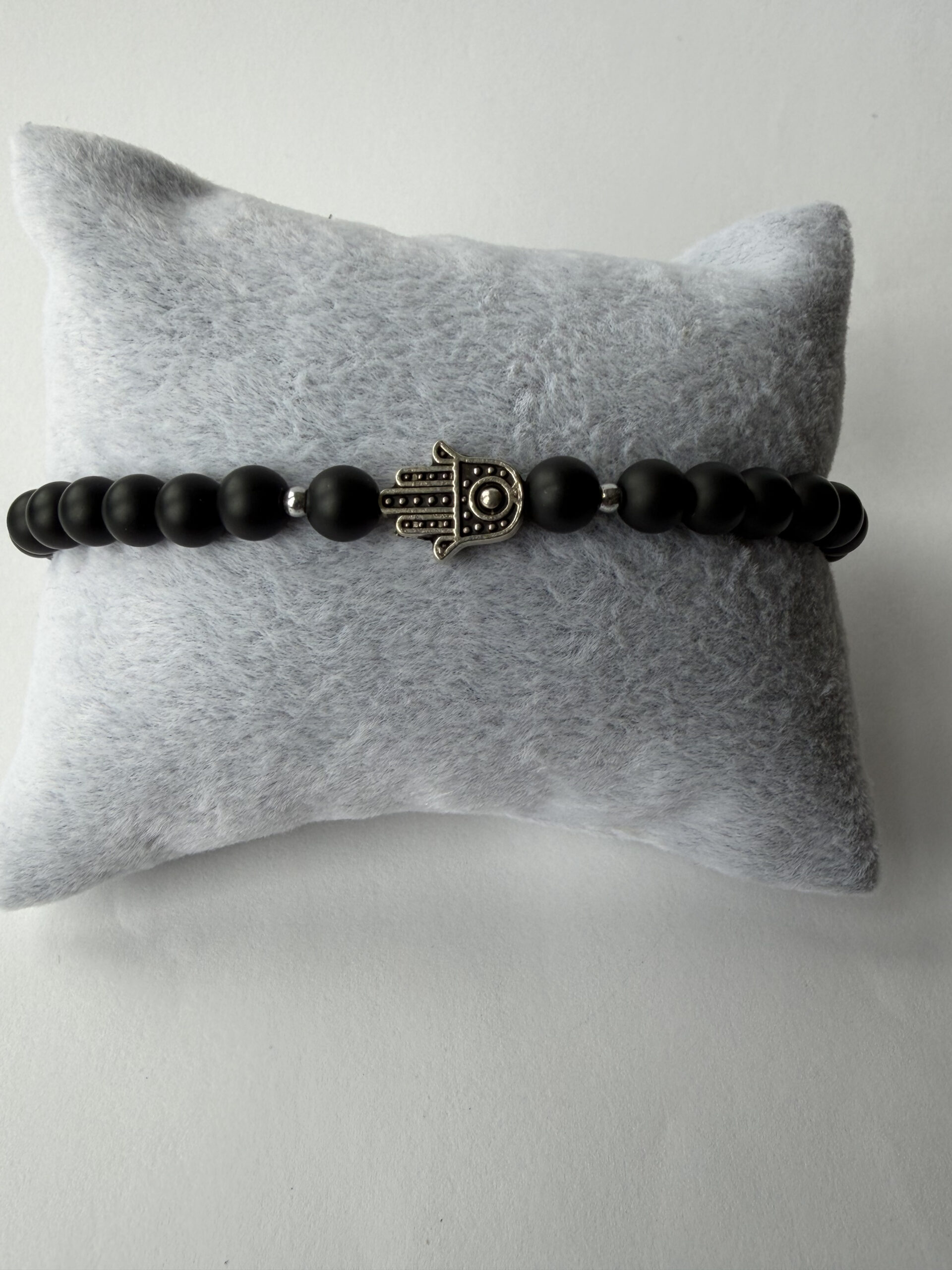 Matte Black Onyx Hamsa Bracelet for Men, 6 mm Stretch Stone Bead Bracelet — view 2