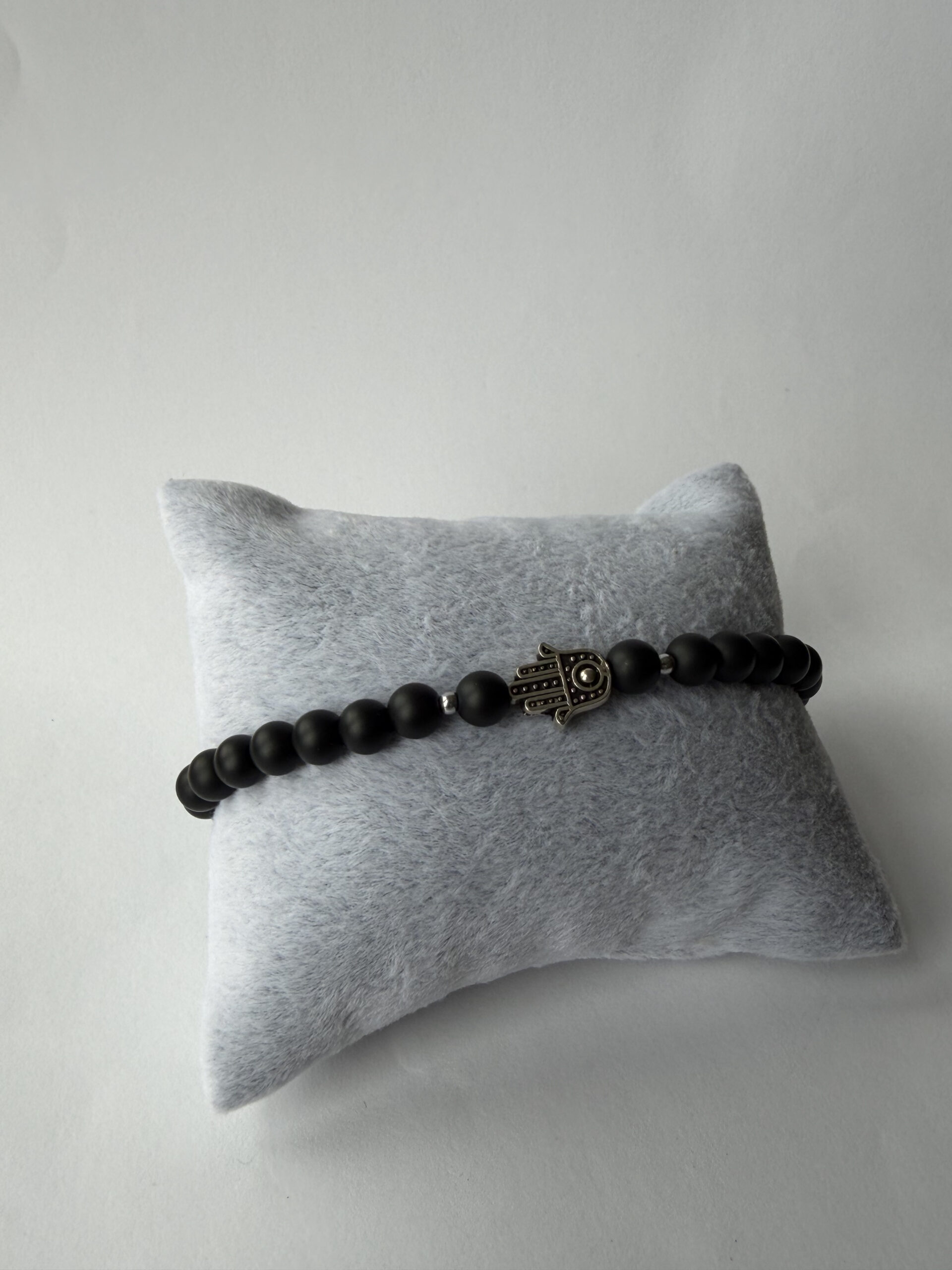 Matte Black Onyx Hamsa Bracelet for Men, 6 mm Stretch Stone Bead Bracelet — view 3
