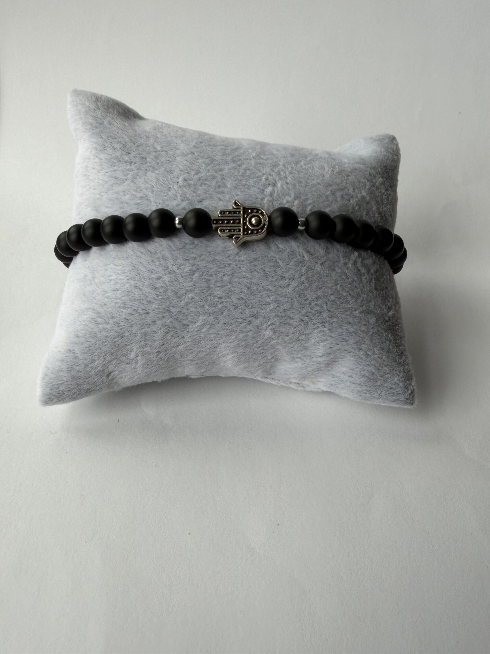 Matte Black Onyx Hamsa Bracelet for Men, 6 mm Stretch Stone Bead Bracelet — view 4