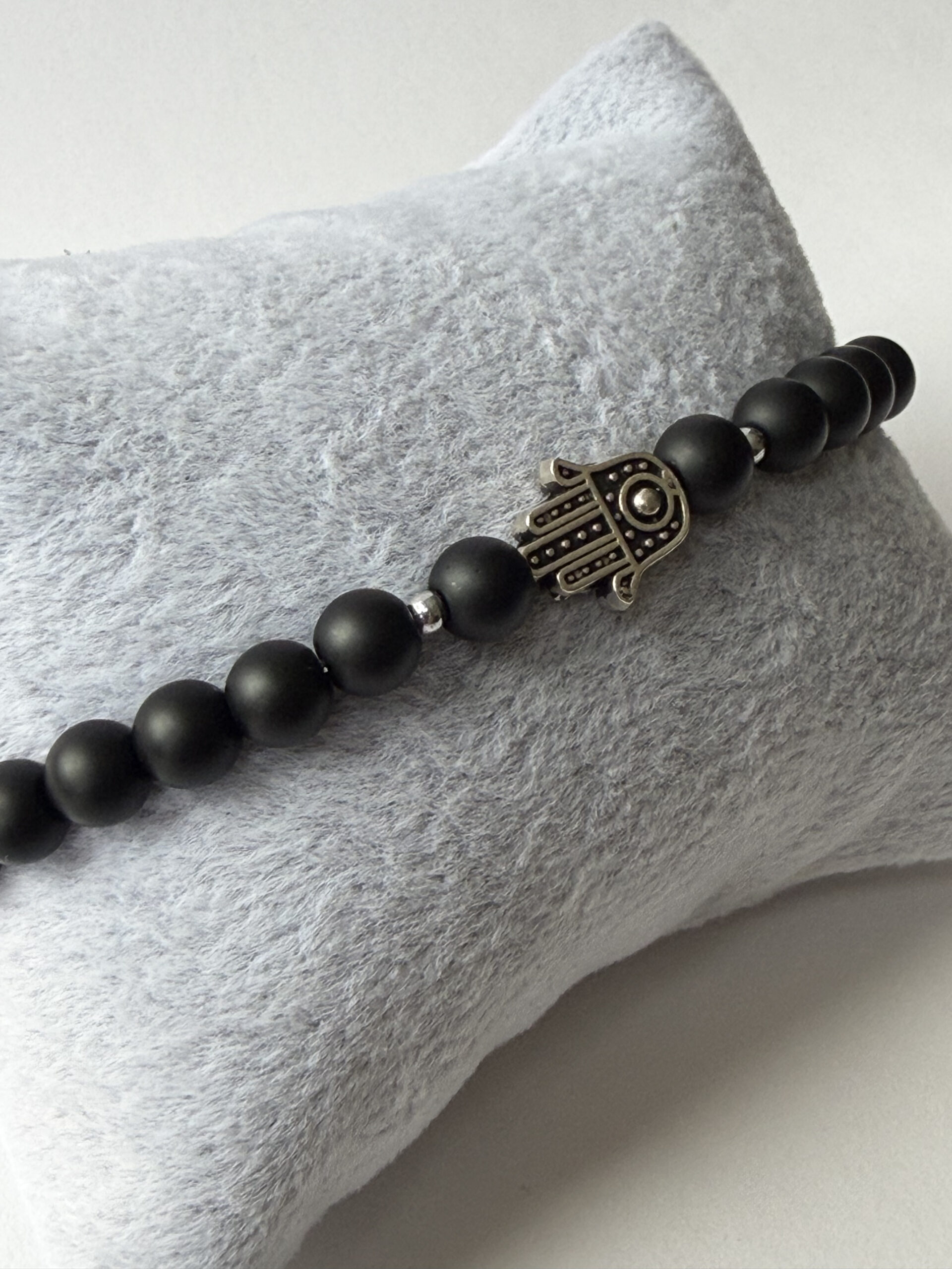 Matte Black Onyx Hamsa Bracelet for Men, 6 mm Stretch Stone Bead Bracelet — view 5