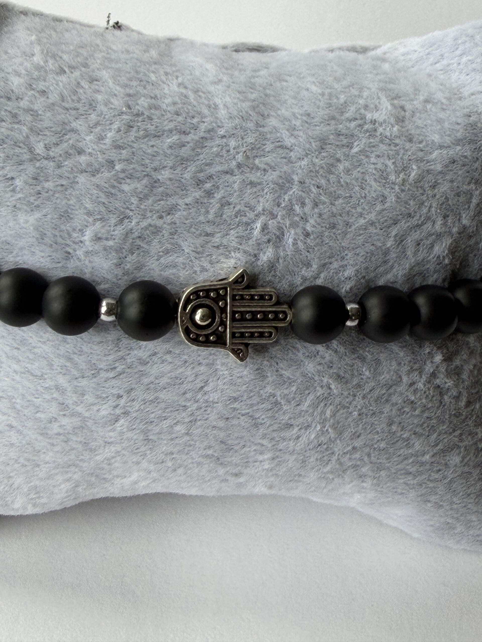 Matte Black Onyx Hamsa Bracelet for Men, 6 mm Stretch Stone Bead Bracelet — view 6