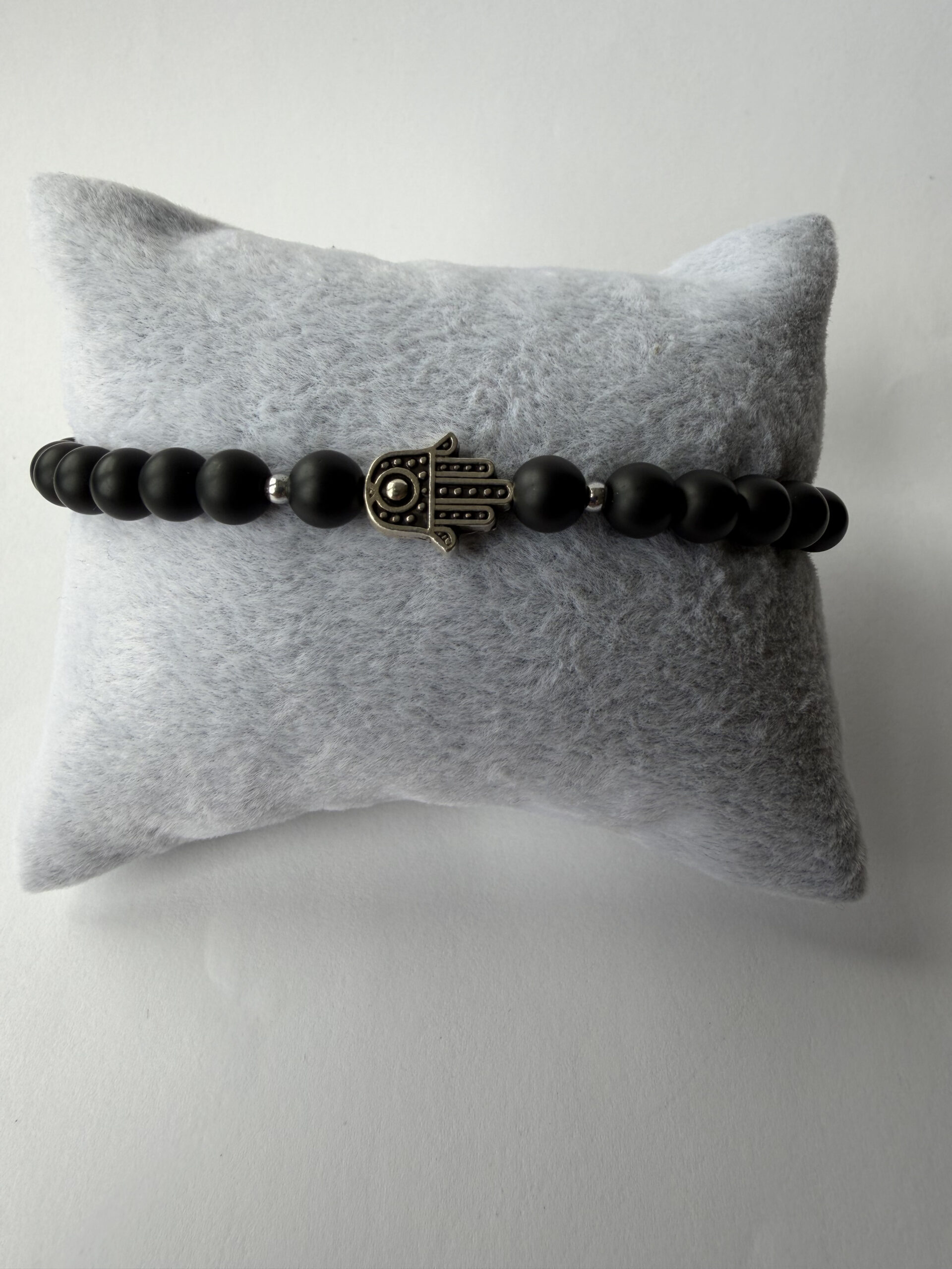 Matte Black Onyx Hamsa Bracelet for Men, 6 mm Stretch Stone Bead Bracelet — view 7