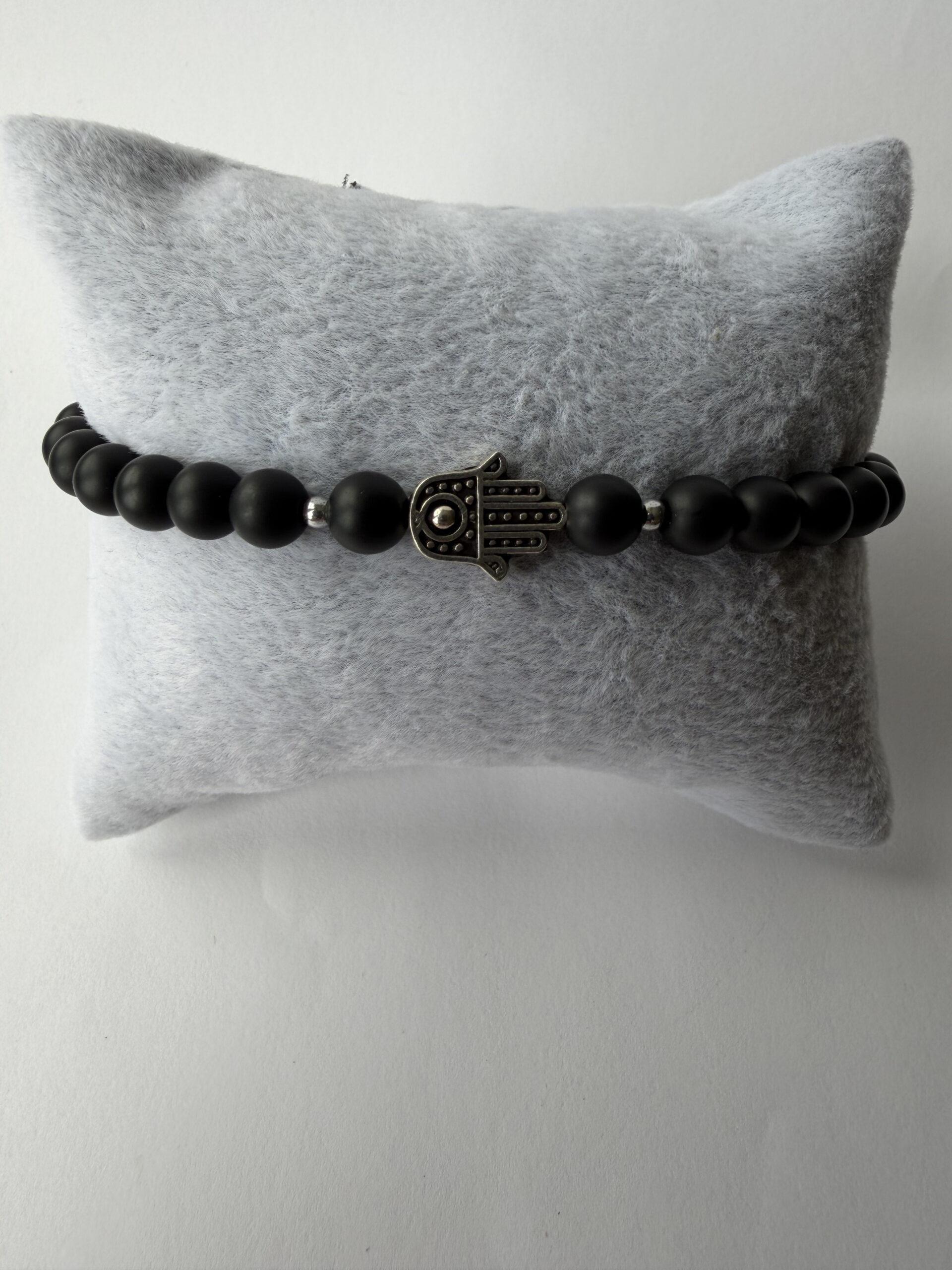 Matte Black Onyx Hamsa Bracelet for Men, 6 mm Stretch Stone Bead Bracelet — view 8
