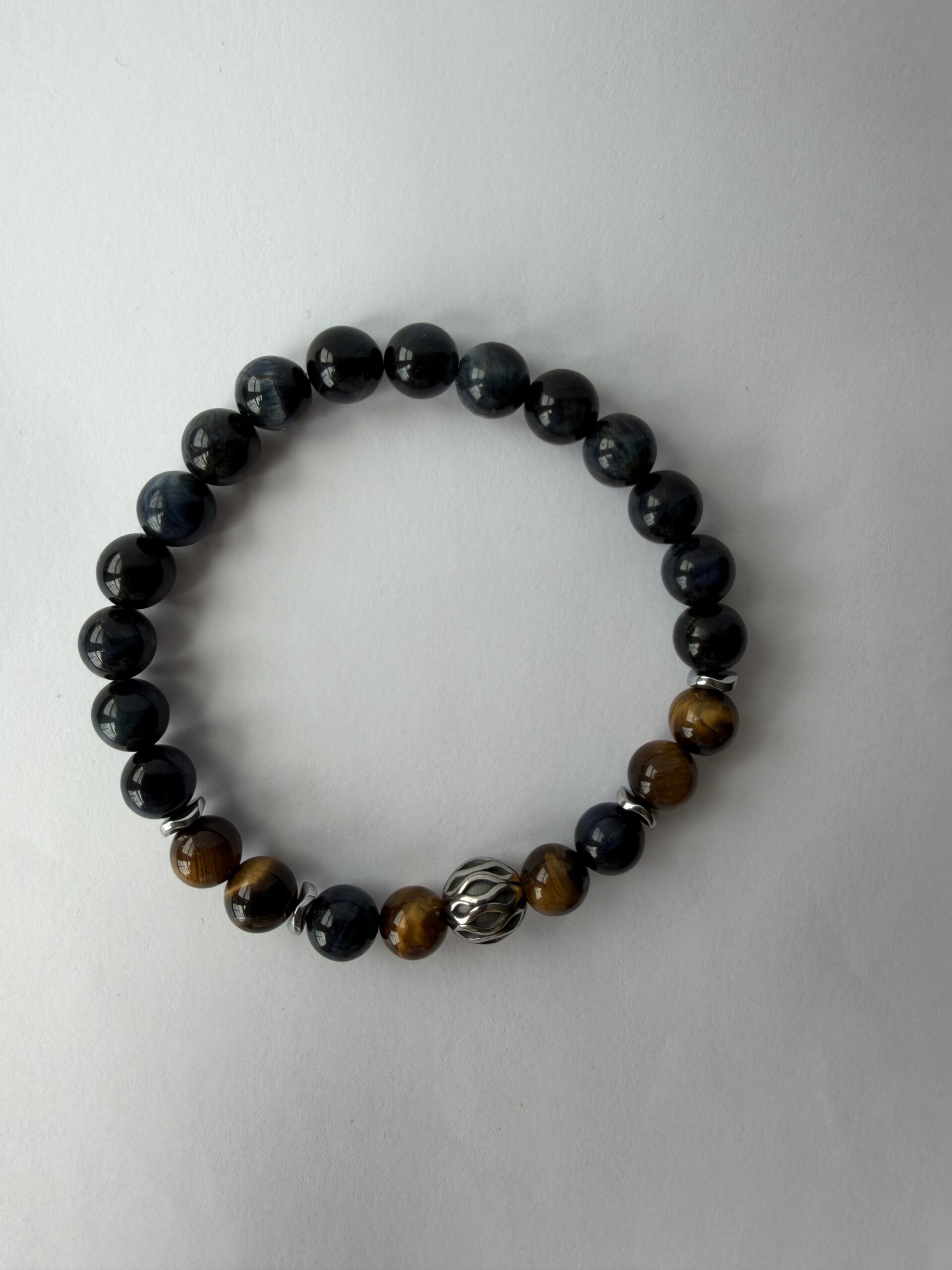 Blue and Gold Tiger Eye Stretch Bracelet for Men, 8 mm Filigree Accent — view 1