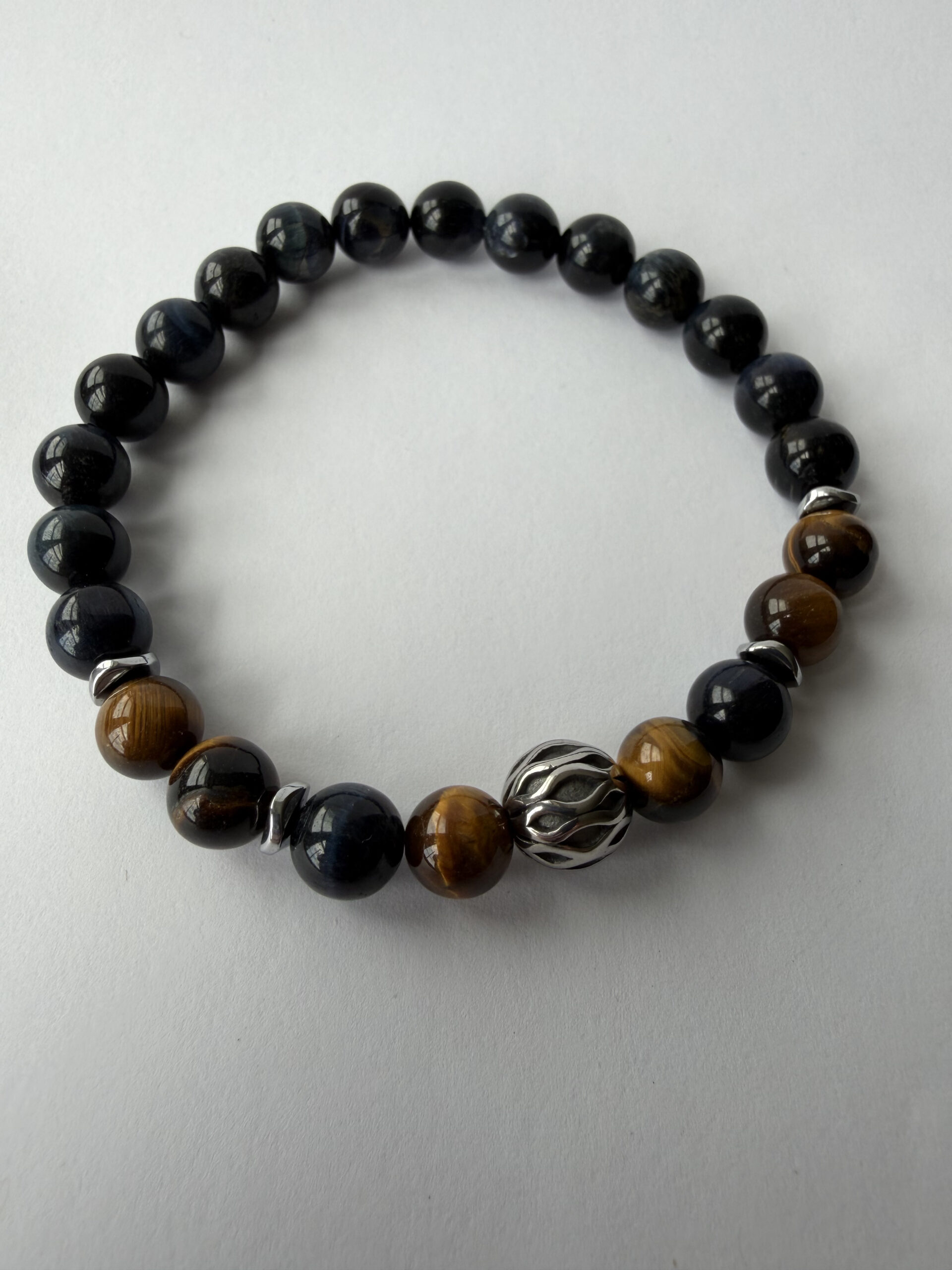 Blue and Gold Tiger Eye Stretch Bracelet for Men, 8 mm Filigree Accent — view 2