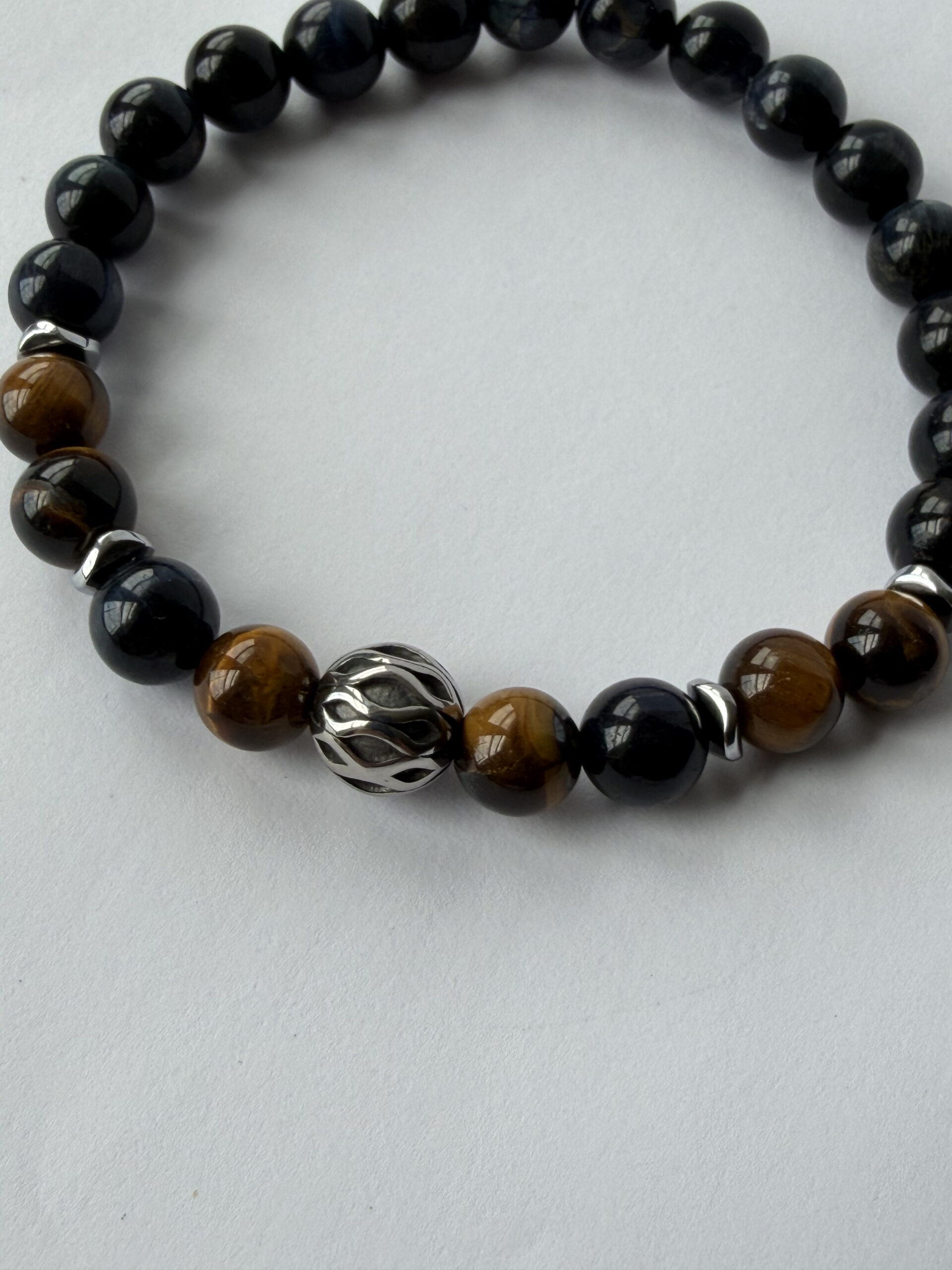 Blue and Gold Tiger Eye Stretch Bracelet for Men, 8 mm Filigree Accent — view 3