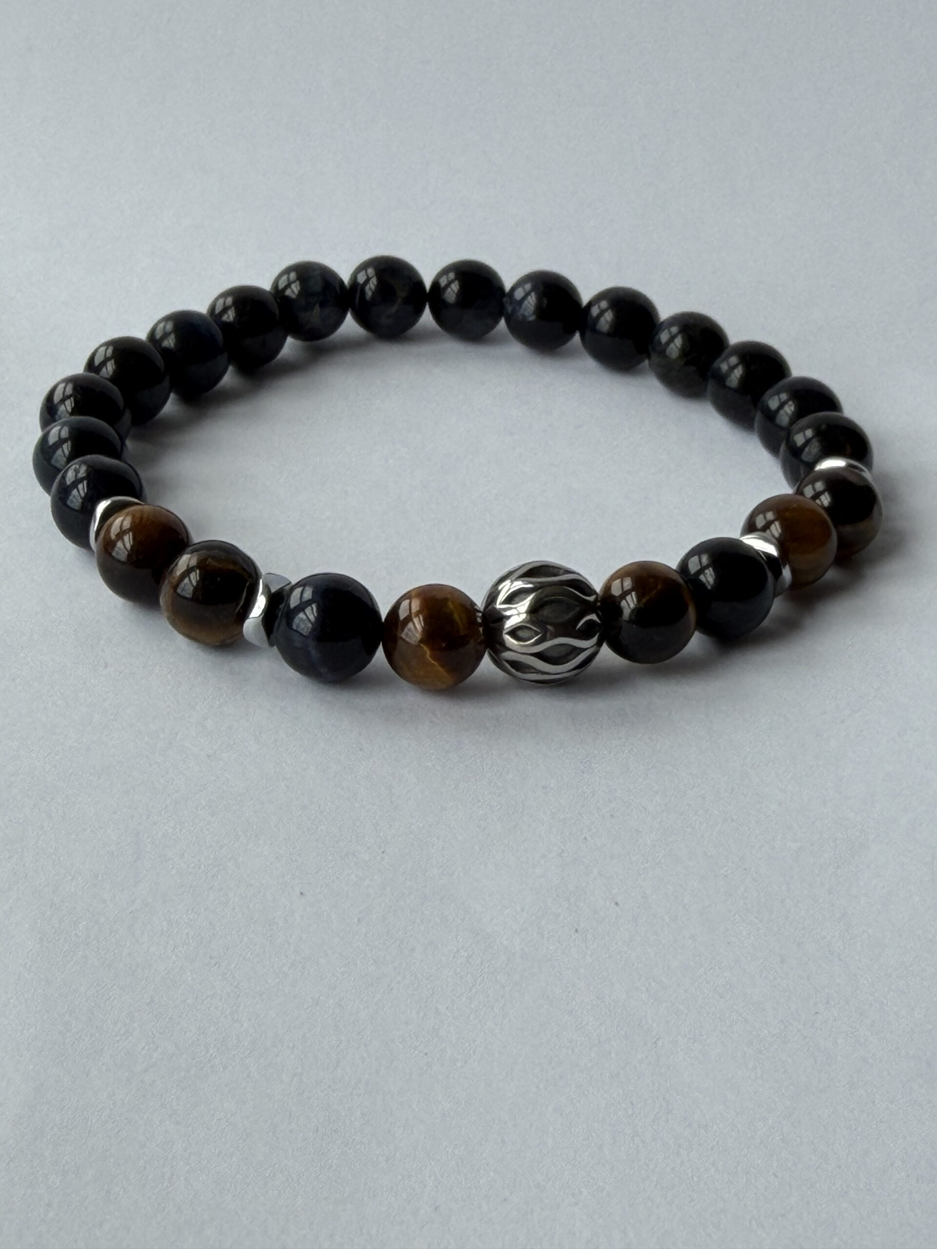 Blue and Gold Tiger Eye Stretch Bracelet for Men, 8 mm Filigree Accent — view 4