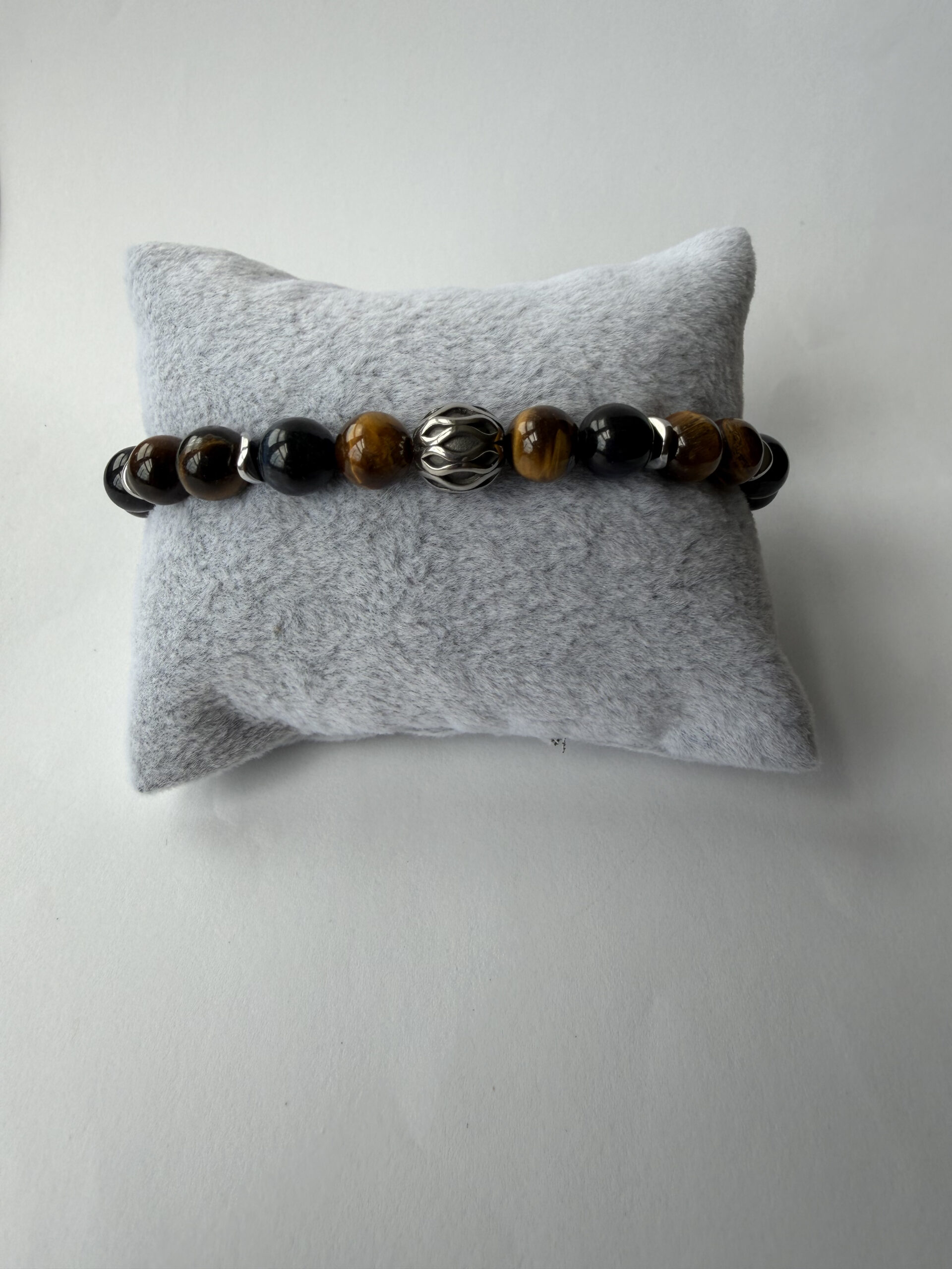 Blue and Gold Tiger Eye Stretch Bracelet for Men, 8 mm Filigree Accent — view 5