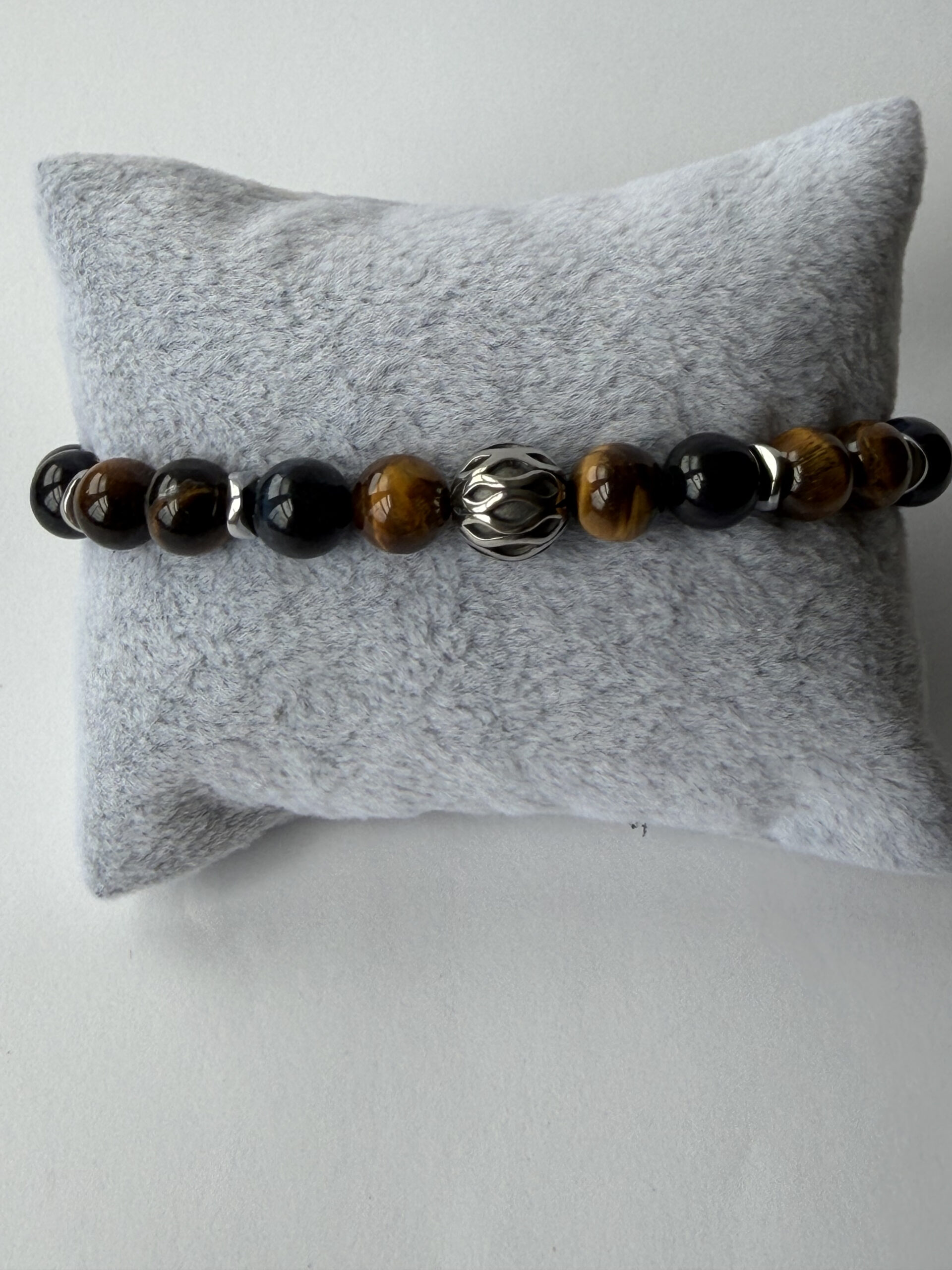 Blue and Gold Tiger Eye Stretch Bracelet for Men, 8 mm Filigree Accent — view 6
