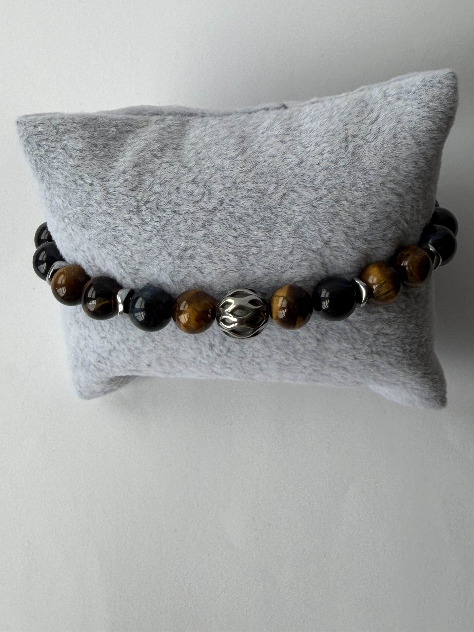 Blue and Gold Tiger Eye Stretch Bracelet for Men, 8 mm Filigree Accent — view 7