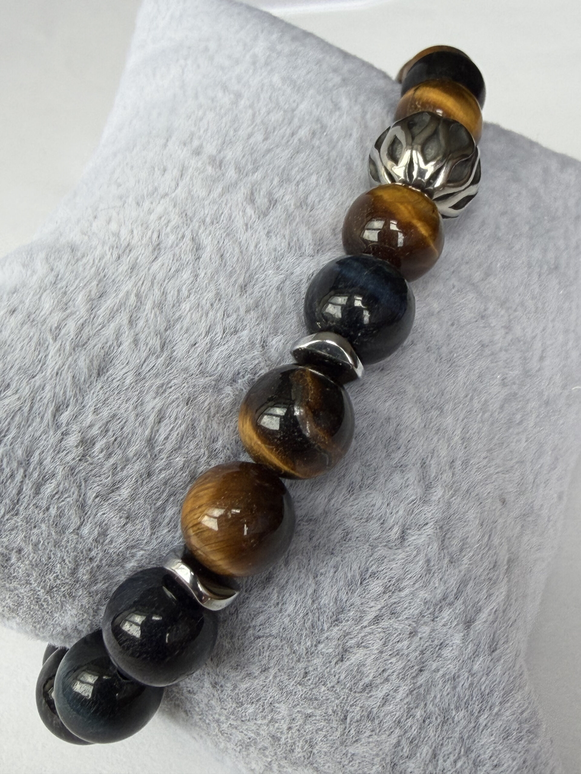 Blue and Gold Tiger Eye Stretch Bracelet for Men, 8 mm Filigree Accent — view 8