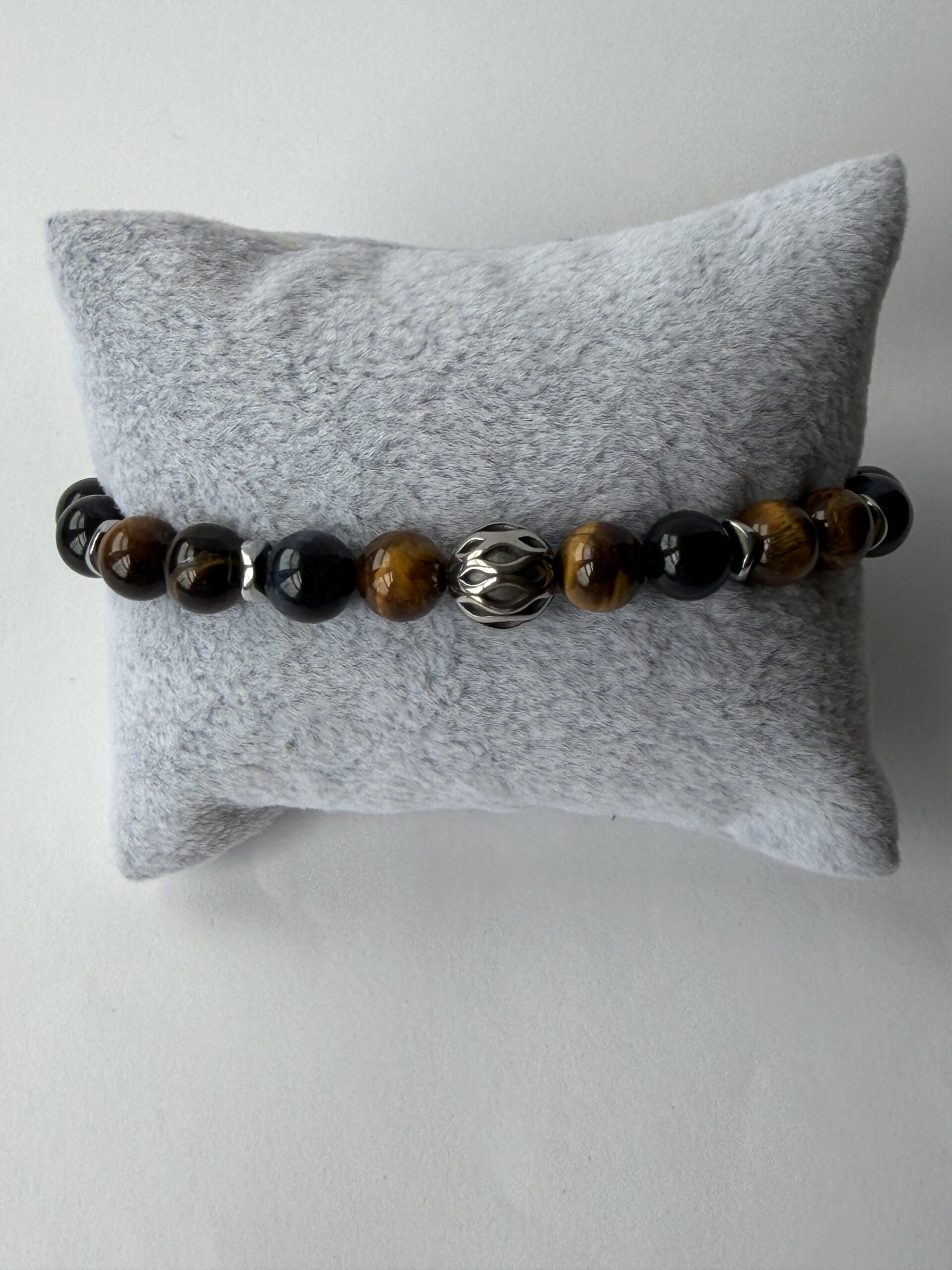 Blue and Gold Tiger Eye Stretch Bracelet for Men, 8 mm Filigree Accent — view 9